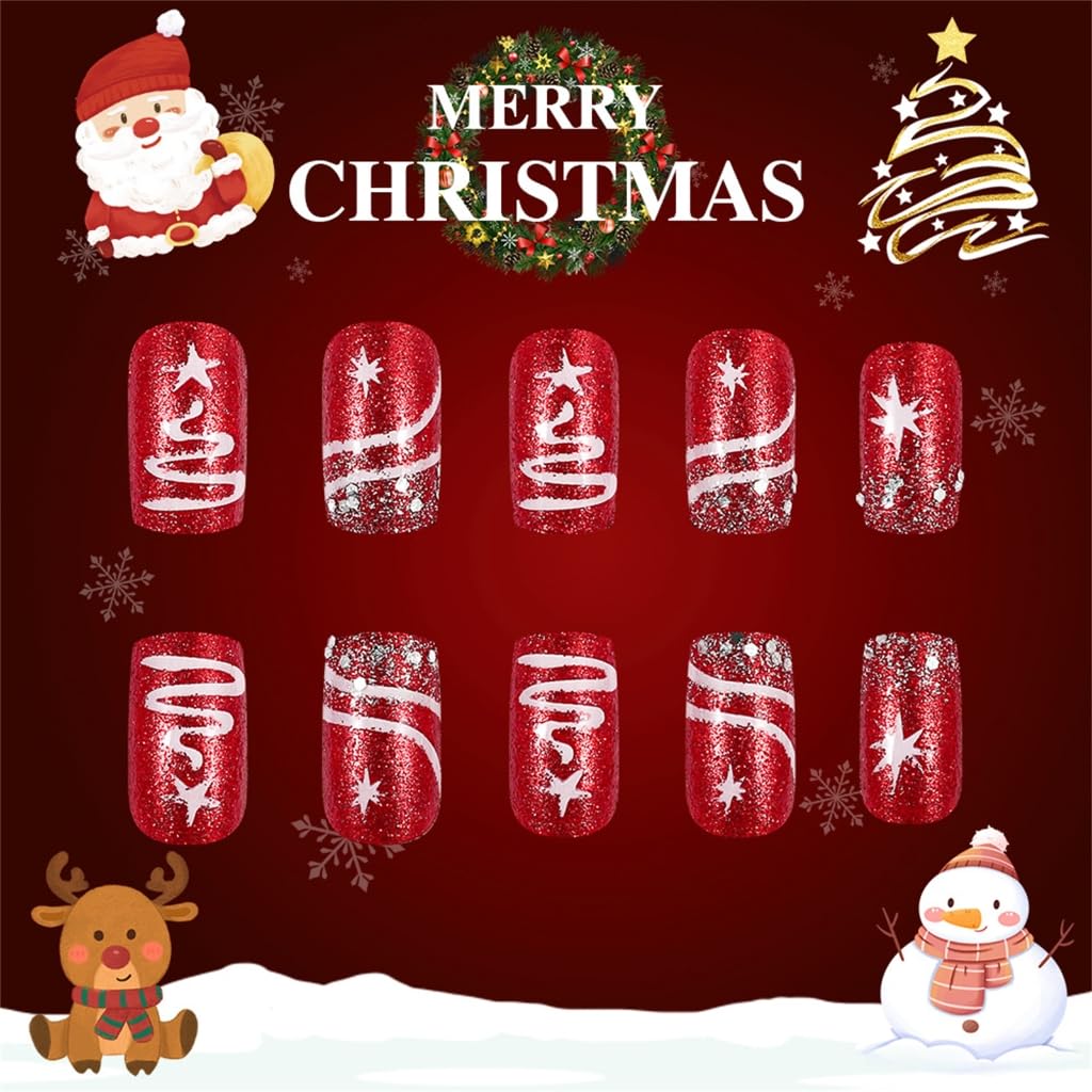 24PCS Short Square Christmas With Glitters Silver Tree Snowflake Designs Stick on Nails For Women