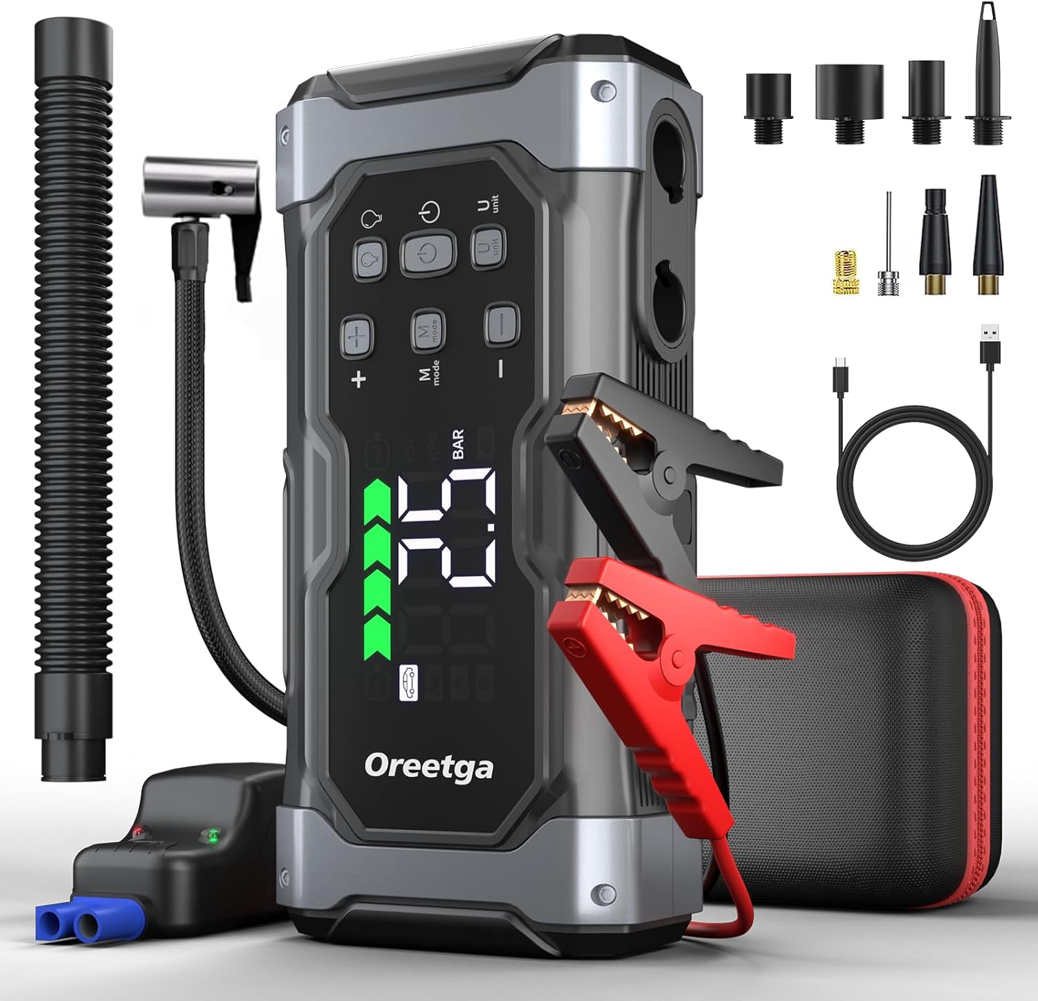9000A Car Jump Starter with Air Inflator/Deflator Compressor, 9 in 1 Portable Jumper Box Power Pack (All Gas/14L Diesel) Combo Cordless Air Pump for Tire Inflator & Large LCD Screen