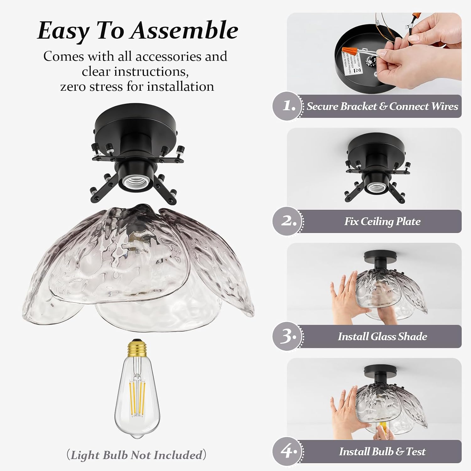 Vintage Semi Flush Mount Ceiling Light,Black Ceiling Light Fixtures with Gradient Smoke Gray Handmade Leaf Glass for Bedroom,Kitchen,Hallway,Entryway