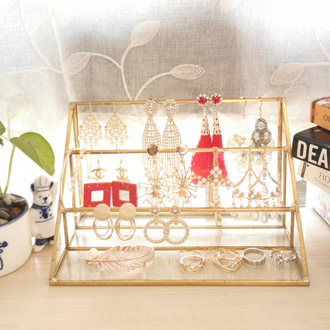 3-Tier Glass Triangular Prism Shaped Jewelry Stand, Home or Retail Display Showcase with Vintage Style Brass Tone Metal Frame (Large)