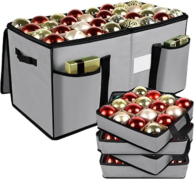 Christmas Ornament Storage Box with Dividers, Christmas Balls Storage Containers with Zipper & 8 Removable Trays, Holds Up to 128 Balls - 600D Oxford Christmas Decoration Storage Organizer Gray