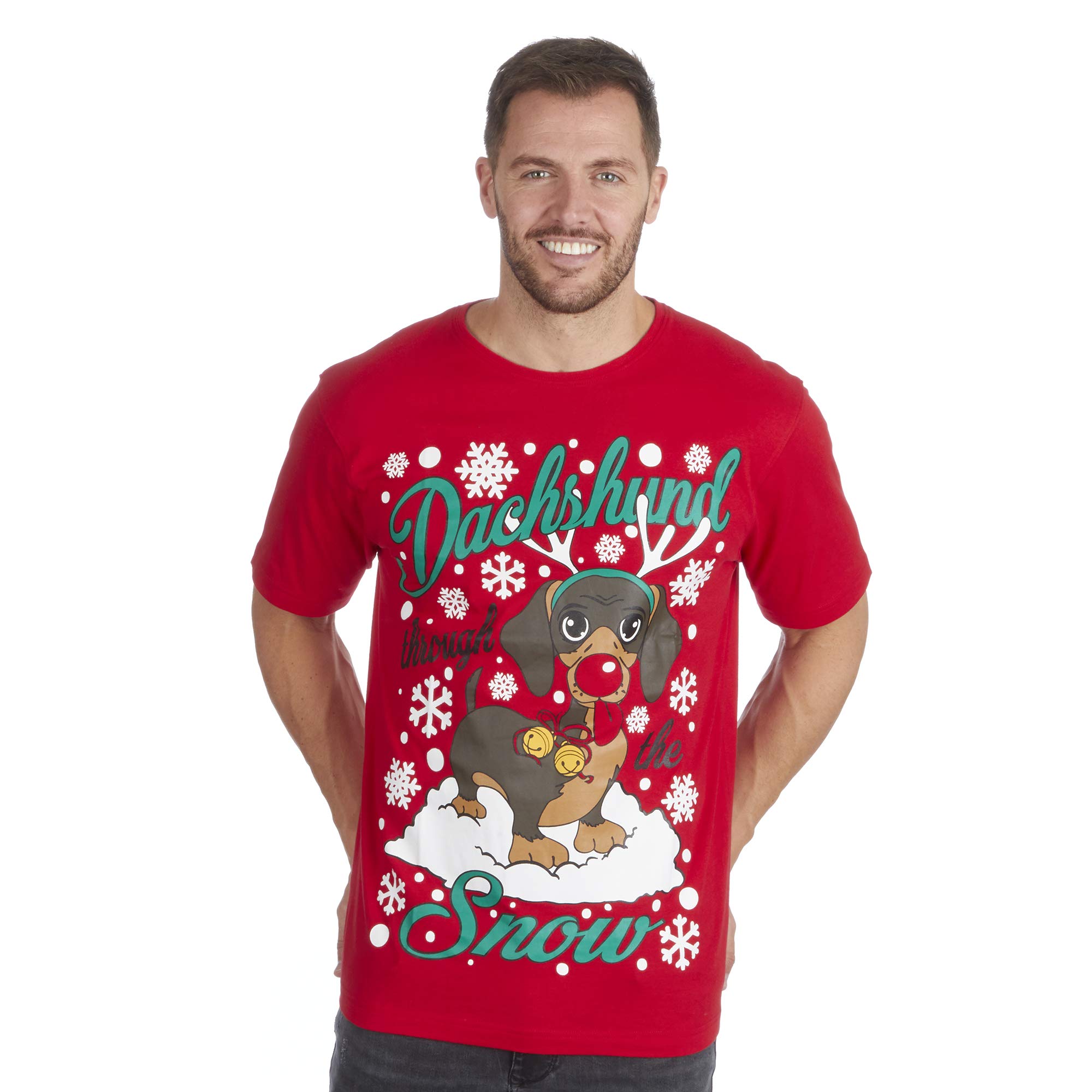 Metzuyan Men's Red Dachshund Xmas Printed T-Shirt Cotton Rich Funky Rude Gift L