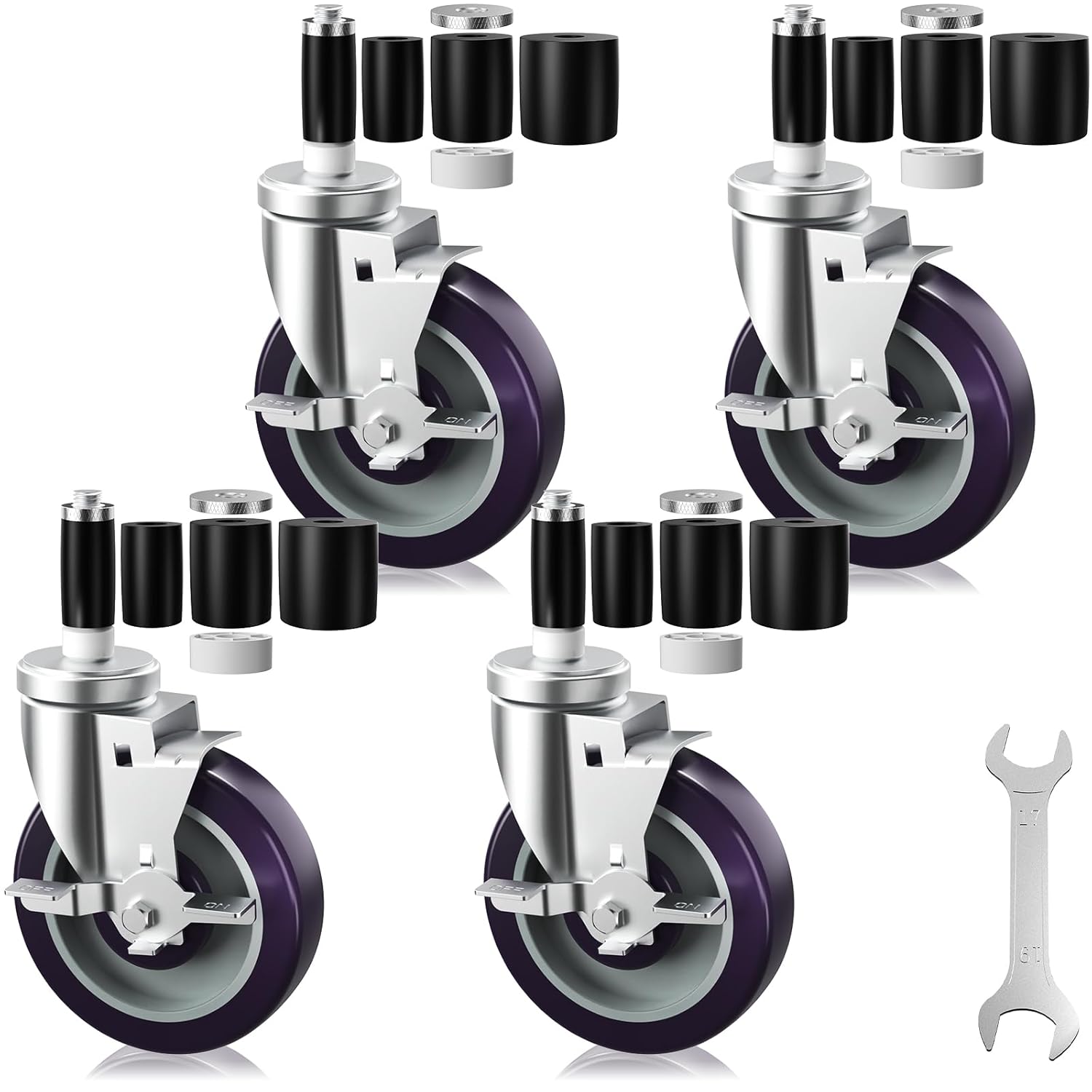 5 Inch Expanding Stem Caster Wheels Set of 4 for Table Legs, Expandable Stem Caster All with Brake Fit 7/8", 1", 1-1/2" and 1-5/8" Inner Diameter Tube Leg Adapter Caster