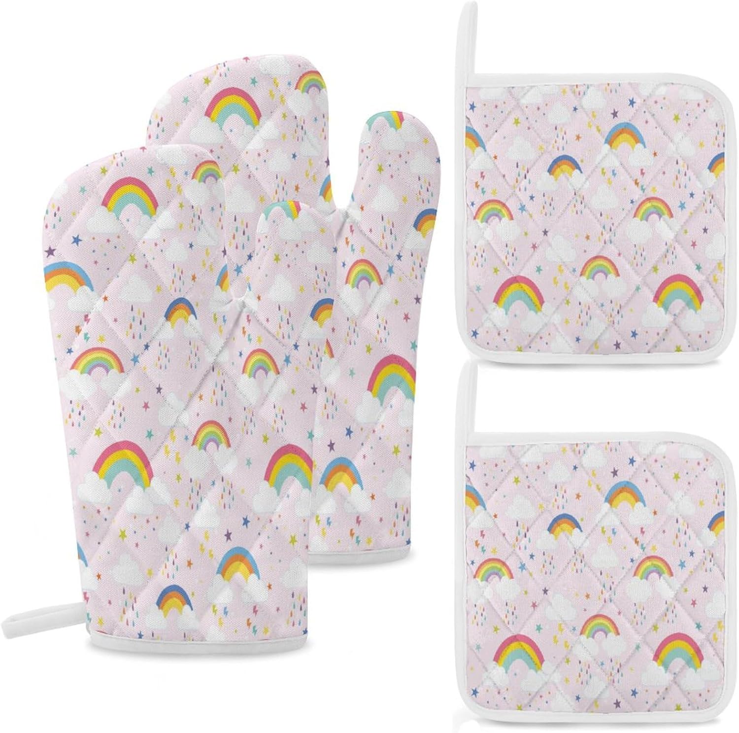 Cute Boys & Girls Room Rainbow Oven Mitts and Pot Holders 4 Pink Art Cartoon Colorful Rainbow Clouds Piece Setven Mitts and Potholders Cooking Gloves Suitable Kitchen Baking