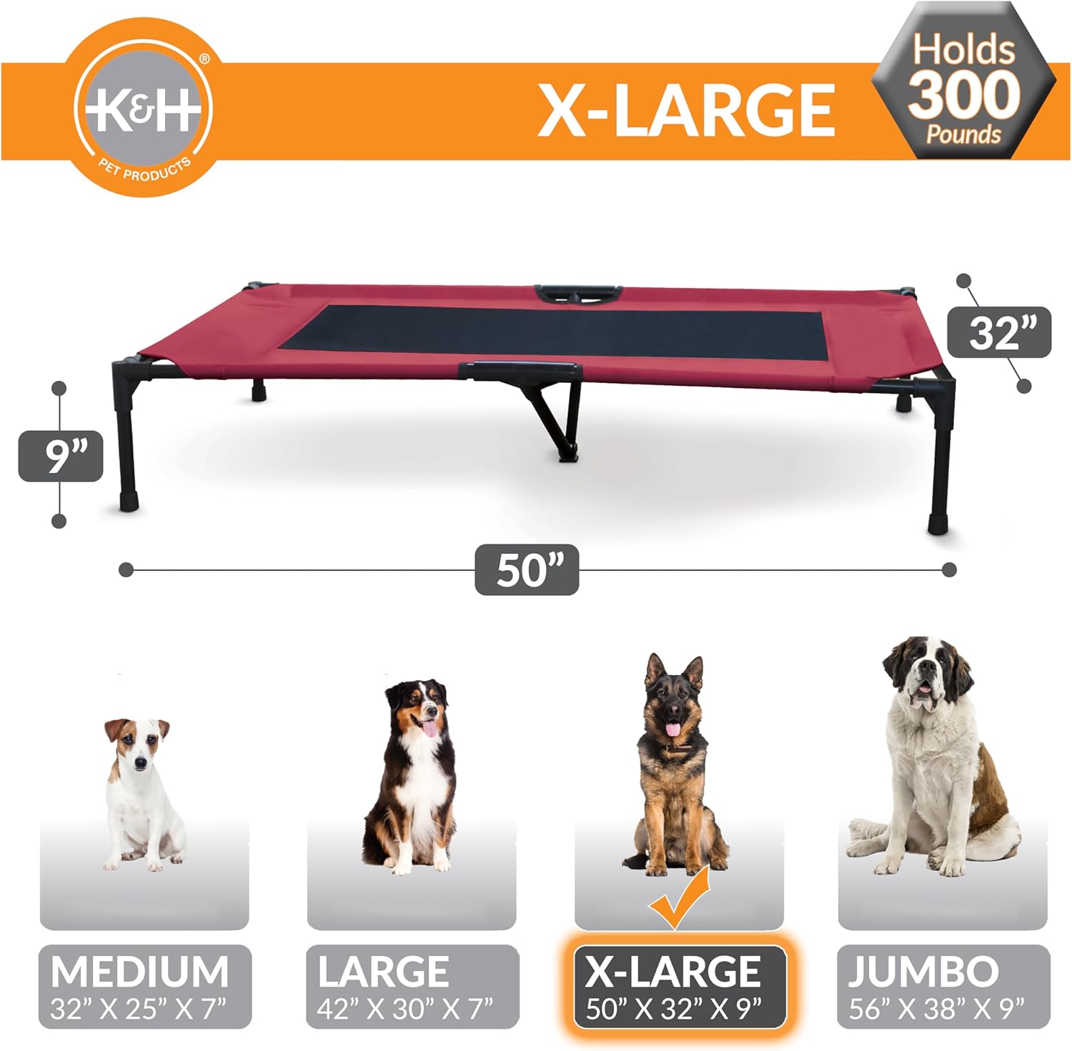 review K&H Pet Products Dog Cots Beds for Large Dog- Elevated Outdoor Dog Cot Bed- Raised Dog Hammock Cooling Bed- Washable, Portable Dog Cot- Heavy Duty Durable Metal Frame, X-Large, Red/Black Mesh