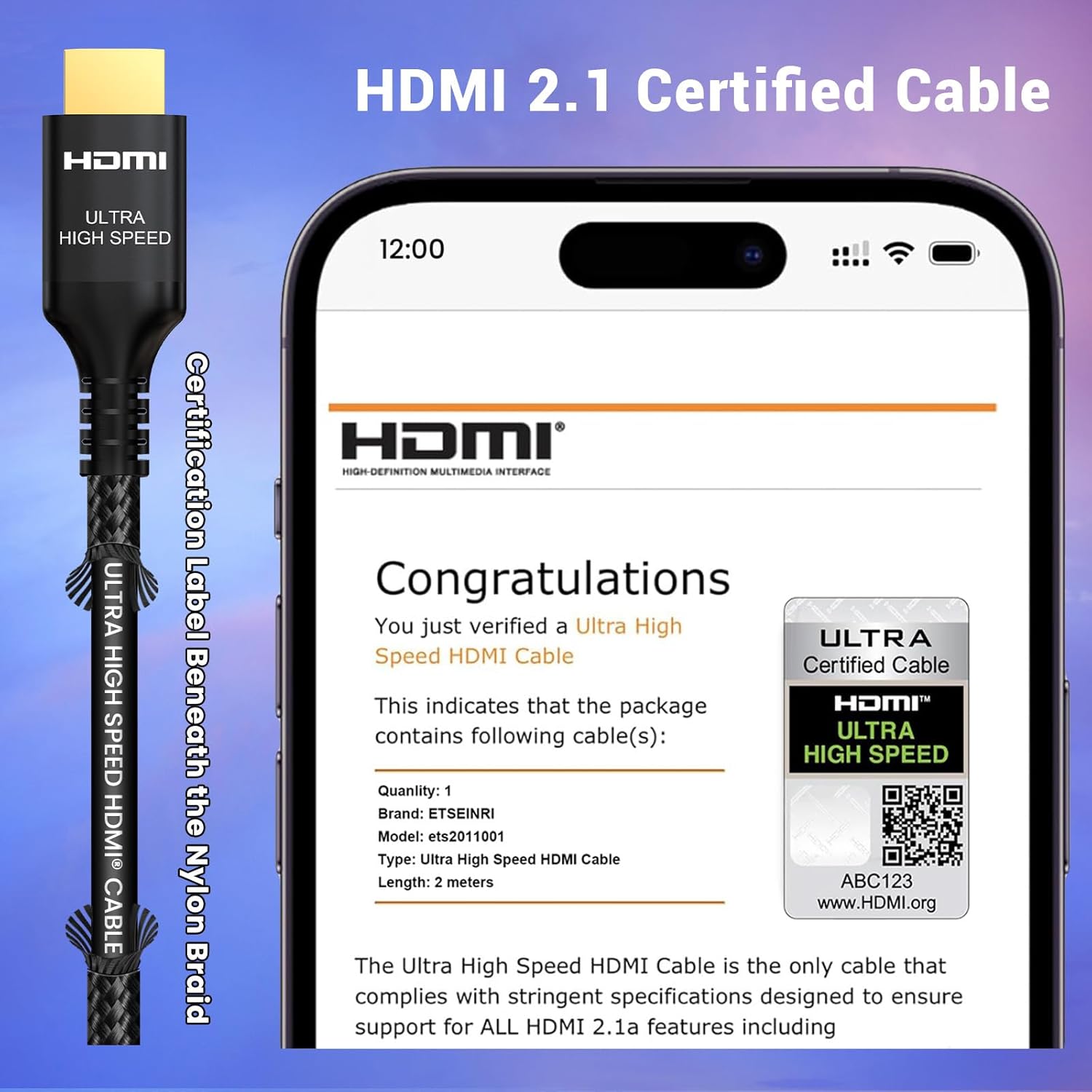 Etseinri 10K 8K HDMI 2.1 Cable 2M, Certified 48Gbps Ultra High Speed HDMI® Cable 4K 240Hz 165Hz 144Hz 120Hz 8K 60Hz 4:4:4 DTS:X eARC HDCP2.3 HDR10+ TV Monitor Projector Gaming PC PS5 X-box