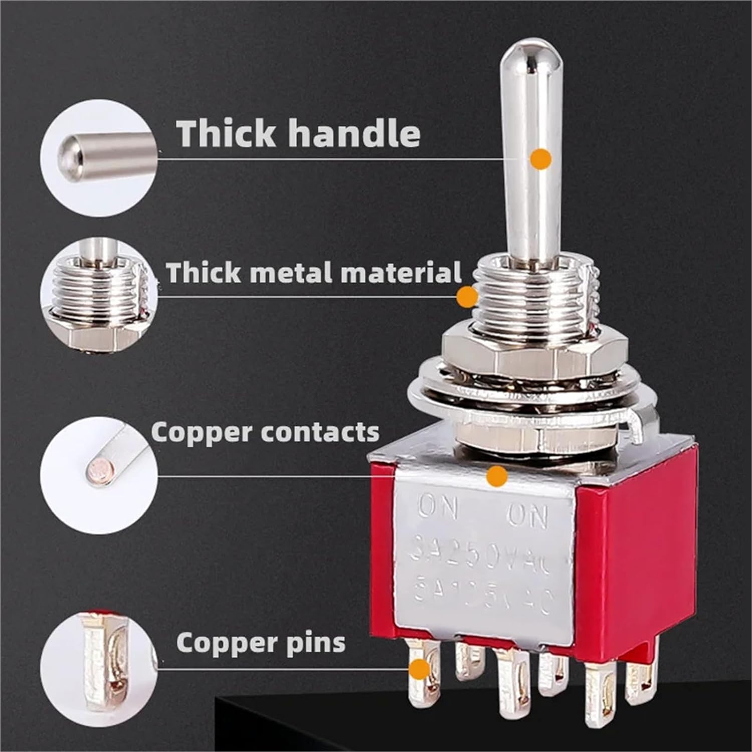 9Pin Toggle Switches Red 2/3 Position DPDT 6A/125V-3A/250V AC MTS-302 Push Button 1/4Pcs(MTS-303 ON-Off-ON,1 PCS)