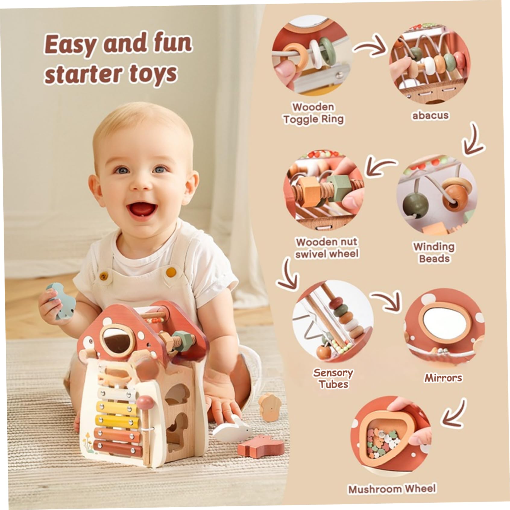 Jorzer Cubo dell'attività del Bambino, 5 su 1 Giocattoli per Bambini in Legno Educational Learning attività a Forma di Funghi cubo per Bambini Regali di Compleanno per e Ragazze