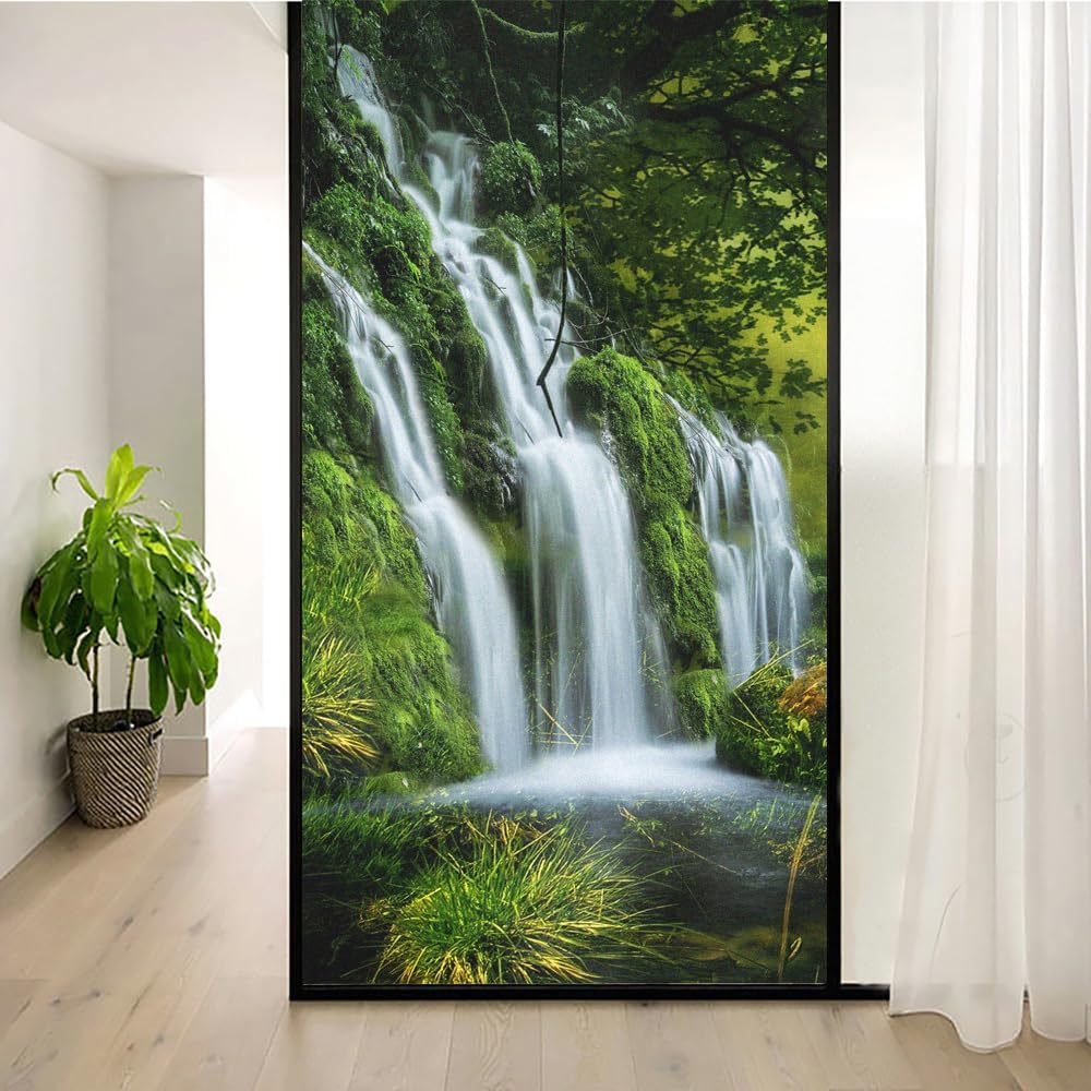 Privacy Window Film Waterfall Scene Decorative Glass Film Frosted Glue Free Static Cling Glass Window Sticker for Home Office W34.6 x H49.2(88x125cm)