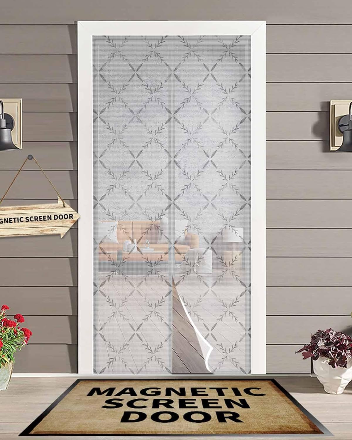 Gray Rhombus Magnetic Screen Door, Rustic Modern Plaid Geometric Hands Free Screen Mesh Size 38" x 83", Reinforce Heavy Duty Mesh Screen Doors for Patio/Front/Sliding Door