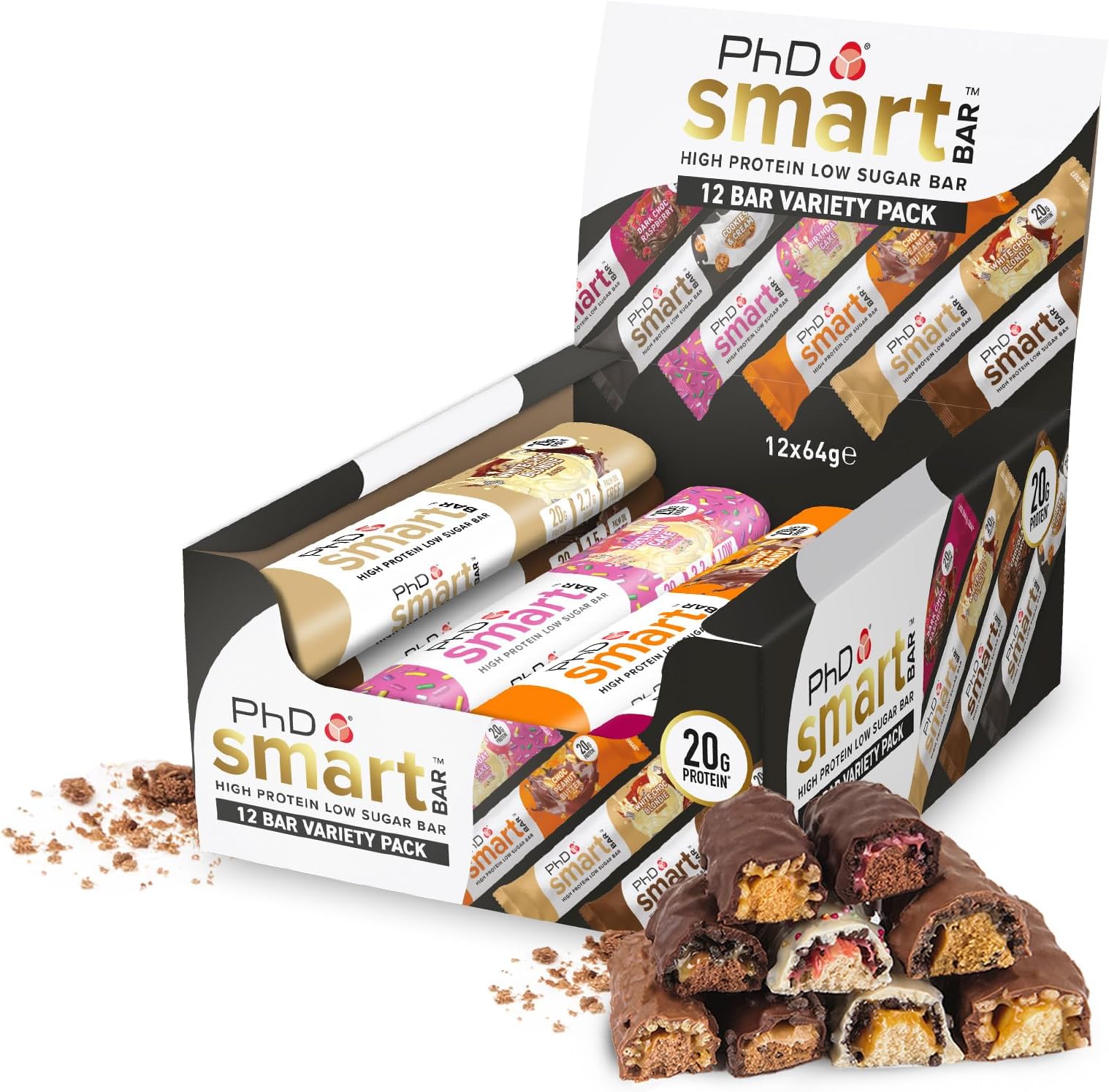 PhD Nutrition Smart Protein Bars - 20g Protein, Low Calorie Snacks, Great Tasting High Protein Snacks & Low Sugar Healthy Snacks for Workout Recovery, Variety Pack, 64g, 12 Pack