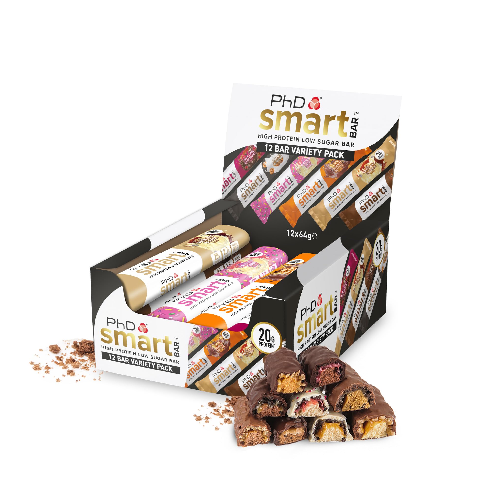 PhD Nutrition Smart Protein Bars - 20g Protein, Low Calorie Snacks, Great Tasting High Protein Snacks & Low Sugar Healthy Snacks for Workout Recovery, Variety Pack, 64g, 12 Pack
