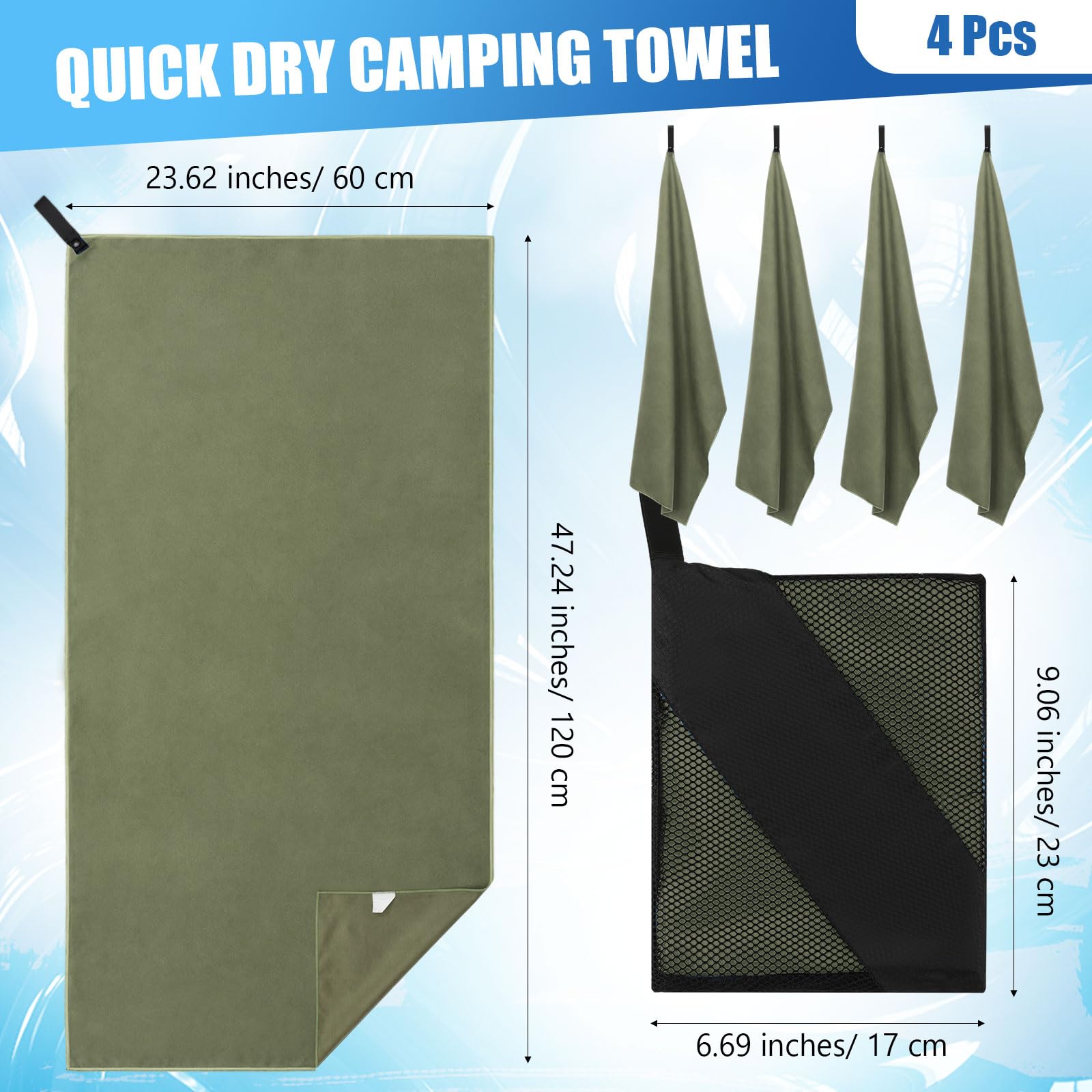 Hahafelt Juego de 4 toallas de viaje de microfibra absorbente de secado rápido de 47.24 x 23.62 pulgadas, para mochileros, camping, playa, gimnasio, deportes, yoga, piscina (verde militar)