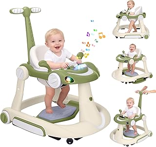 Baby Walker with Wheels, 5-in-1 Foldable Infant Toddler Walker for Boys Girls 6-18 Month, Music Walker for Baby with Car Steering Wheel &Removable Footrest,Baby Push Walker Green
