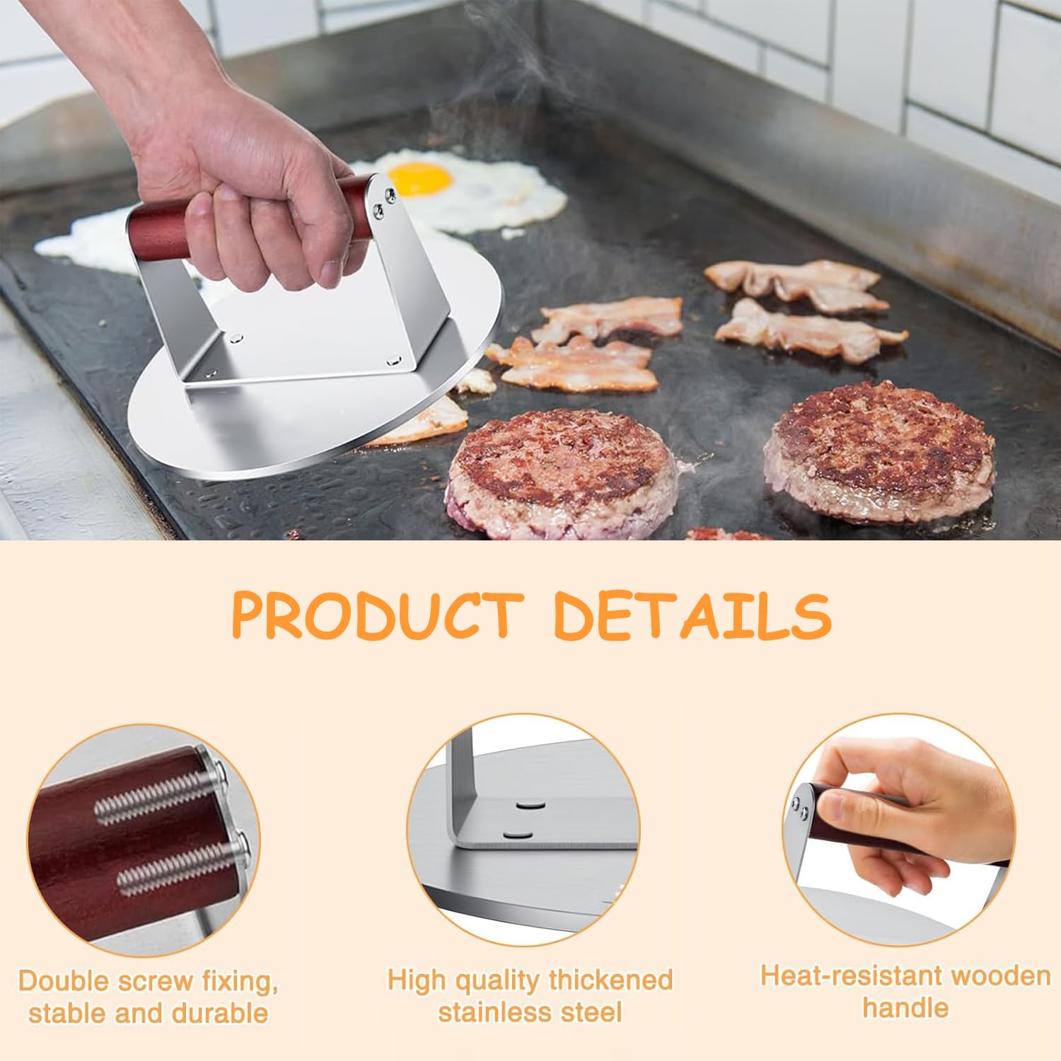 Presse à hamburger - Avec poignée en bois - 16 cm - En acier inoxydable - Pour barbecue plat, presse à hamburger et graisse à presser - Facile à nettoyer