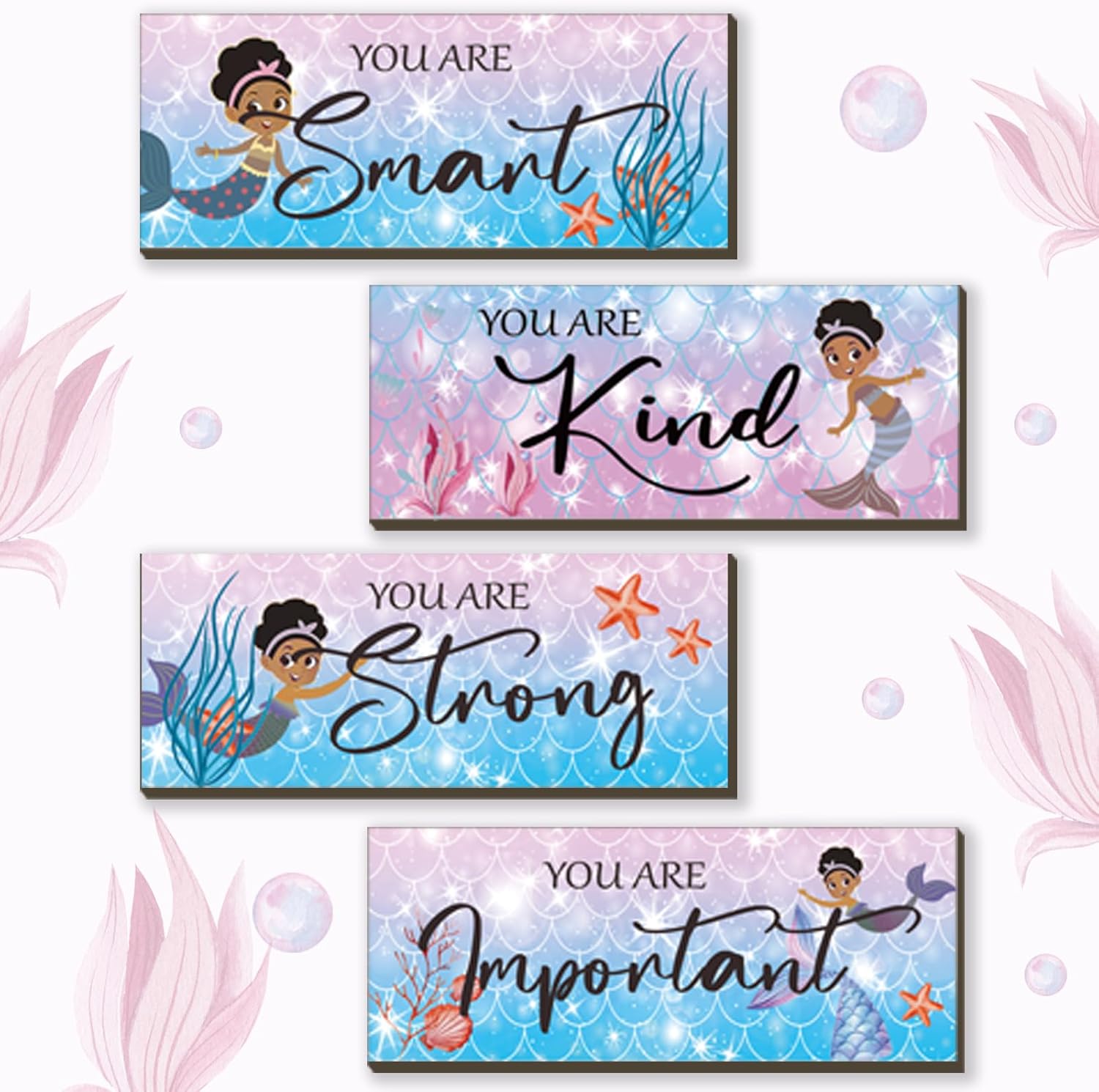 FENCORDAR 4 Pcs Mermaid Wall Art Black Girl Bathroom Decor Wooden Mermaid Room Decor Inspirational Sign with Motivational Quote Decor for Teen Girl Women Bedroom Birthday Gifts(Black 10X4)