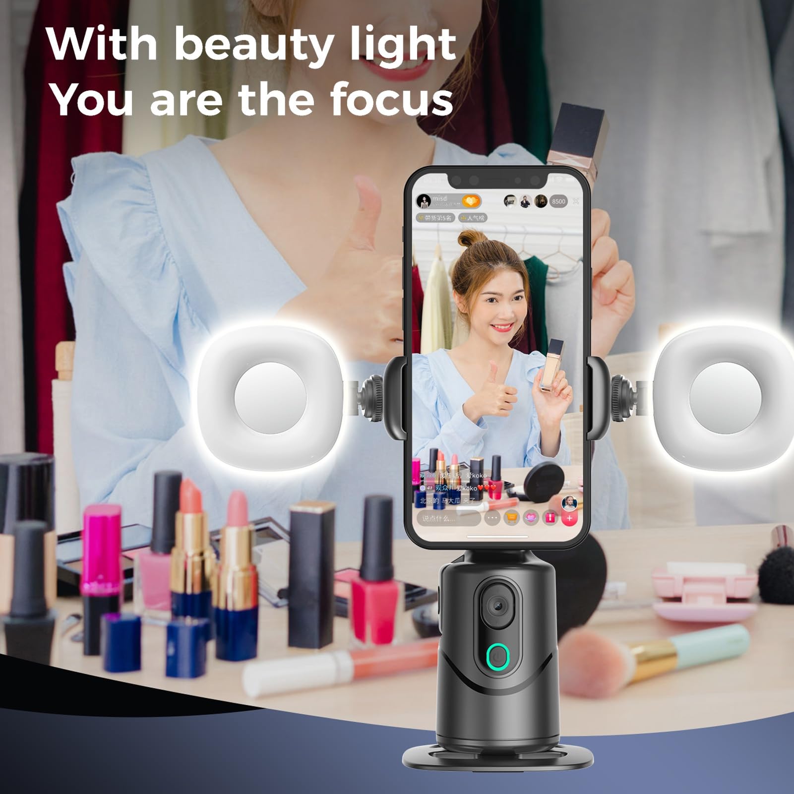 Cryfokt Supporto per Telefono con Rilevamento Automatico del Volto Treppiede con Rotazione Intelligente a 360° per Streaming Live Supporto Fotografico Intelligente Tutti gli Smartphone