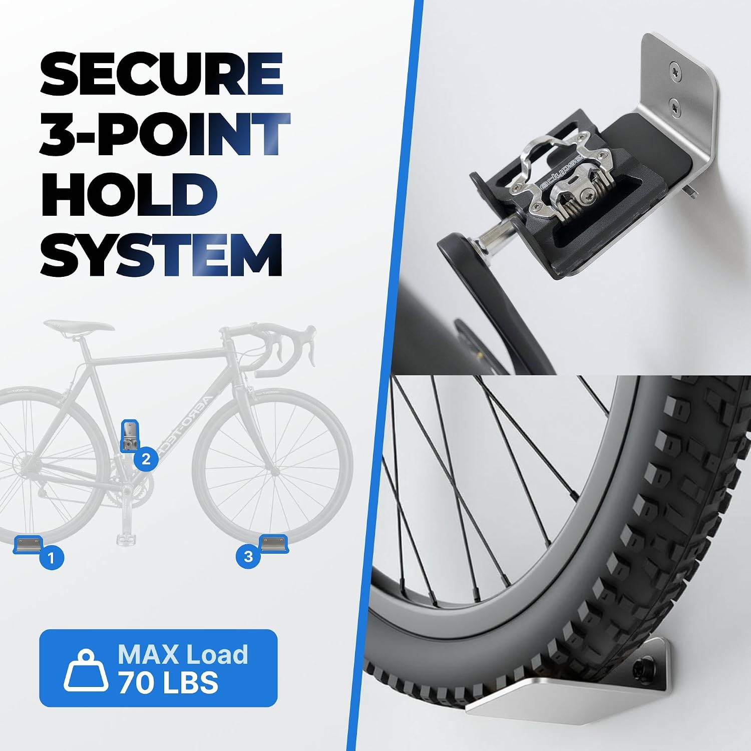 Stainless Steel Bike Pedal Wall Mount Rack – Adjustable Bicycle Storage Hook with Tire Support Holders – Horizontal Bike Hanger for Garage, Apartment, Indoor and Outdoor Use