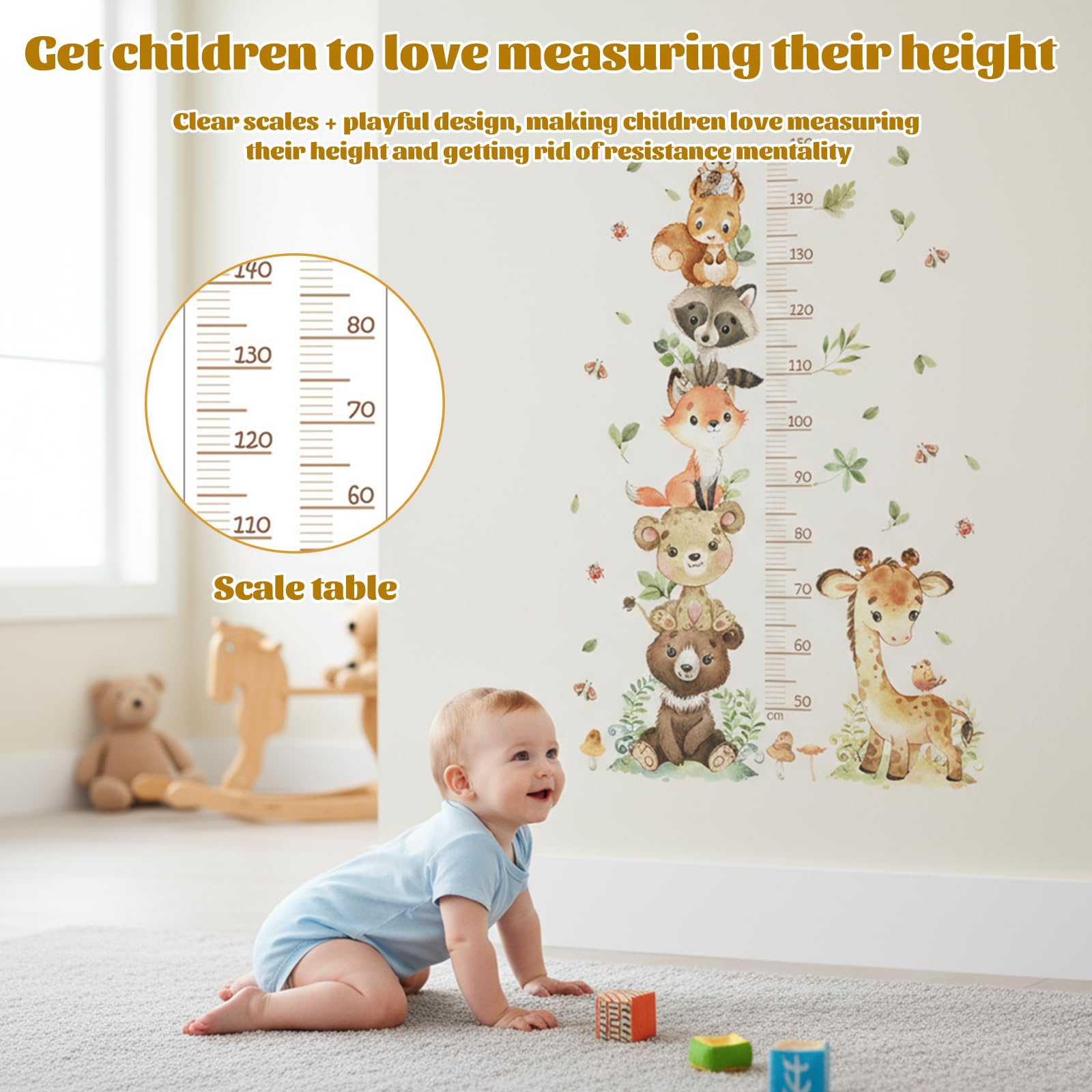 Toise Murale Enfant, Stickers Muraux Chambre Bébé, Règle de Hauteur Enfant, Autocollant Mural Animaux de la Forêt, Sticker Mural de Croissance 50-150 cm, pour Garçons et Filles