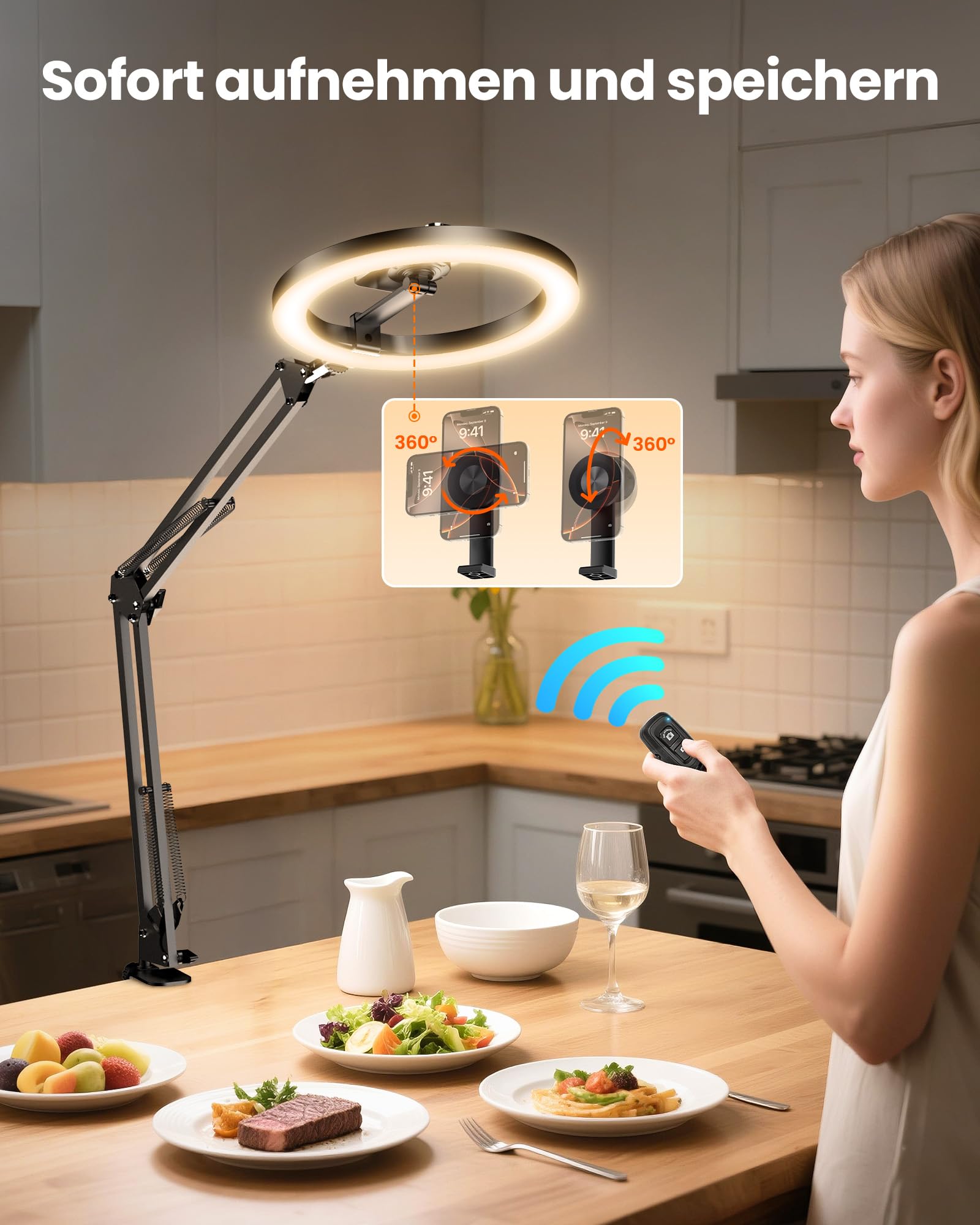 Evershop Supporto magnetico per cellulare con luce ad anello per cucina e alimenti – Luce ad anello con treppiede per tavolo