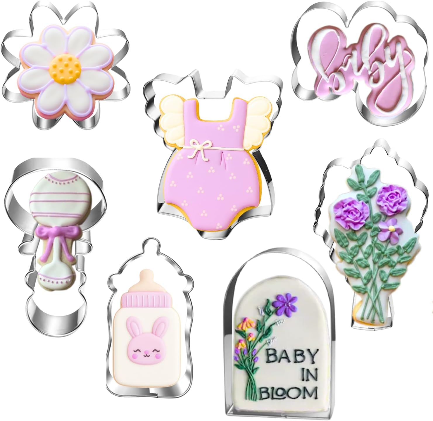 Wildflower Baby Shower Cookie Cutters Set - 7-Piece - Stainless Steel - Dishwasher Safe - Perfect for Baby in Bloom Baby Girl Baby Shower | Rounded-edge stainless steel cutters for cookies, fondant, sandwiches, baby in bloom showers and family baking treats