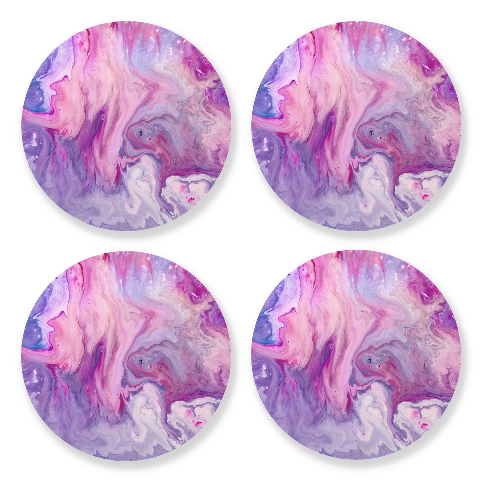 Abstract Purple Pink Paint Acrylic Texture with Marble Marbling 4 Set Wood Mug Coaster, Cup Mat Pad for Kinds of Mugs, Oversize Stone Coasters Holder with Cork Base Housewarming Drinks Gifts