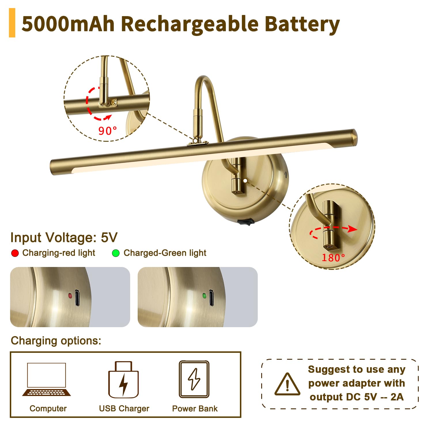 JOOSENLUX Battery Operated Picture Light Gold - Modern Wireless Picture Lights for Wall Dimmable 16.5inch Under Cabinet and Swing Arm for Canvas Sconce 3000K CRI95