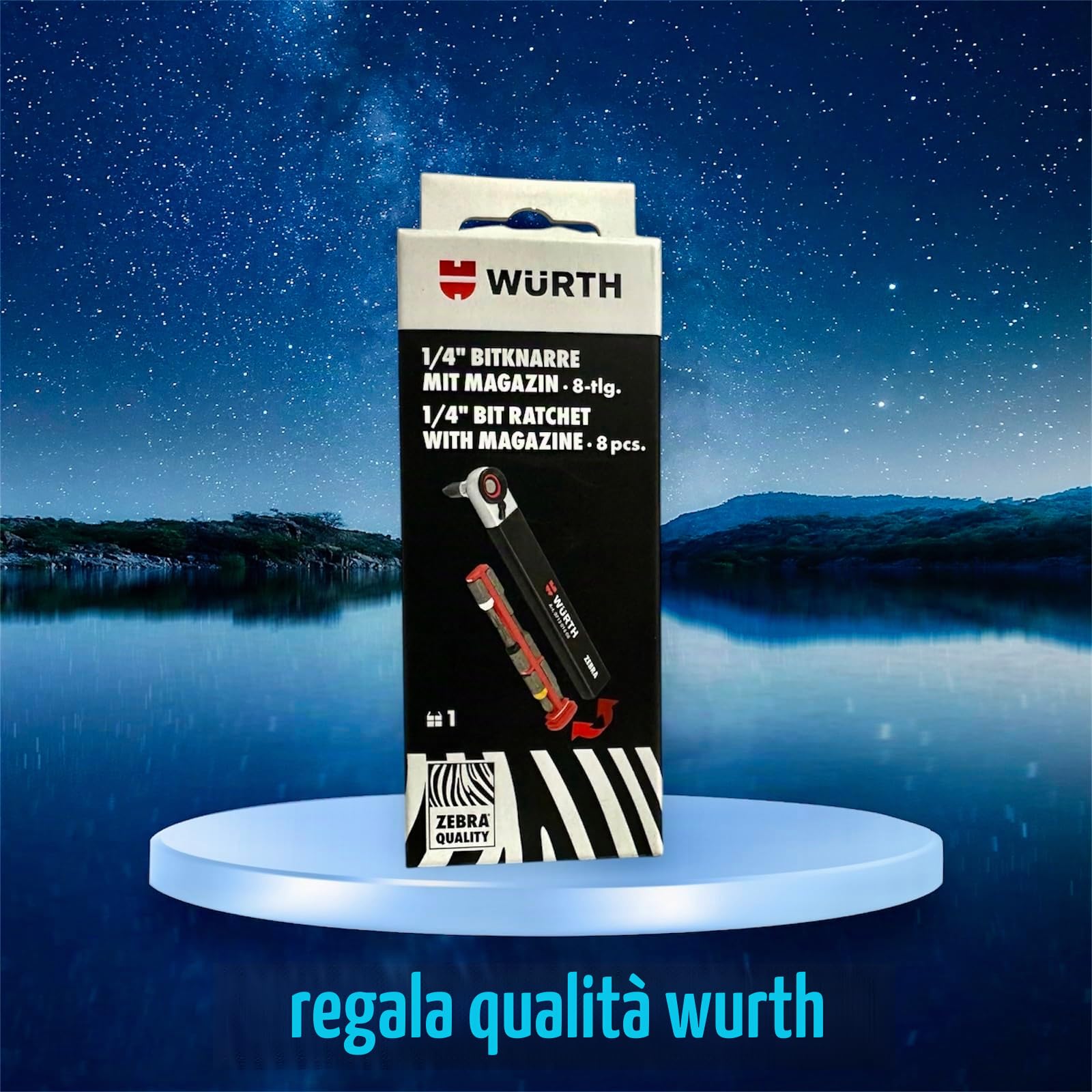 WURTH - Chiave a cricchetto con attacco da 1/4", portainserti integrato a 6 bit, chiave reversibile con testa orientabile manuale, chiave extra piatta, chiave a cricchetto tascabile, serie limitata