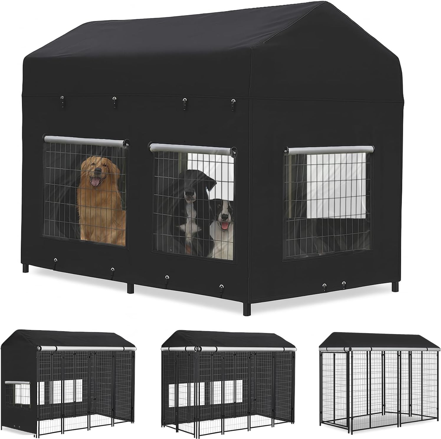 Outdoor Dog Kennel Cover (Cover Only) 8'Dx4'Wx6'H Full Coverage Kennel Cover Large Windproof,Waterproof with Transparent Windows and Elastic Ropes