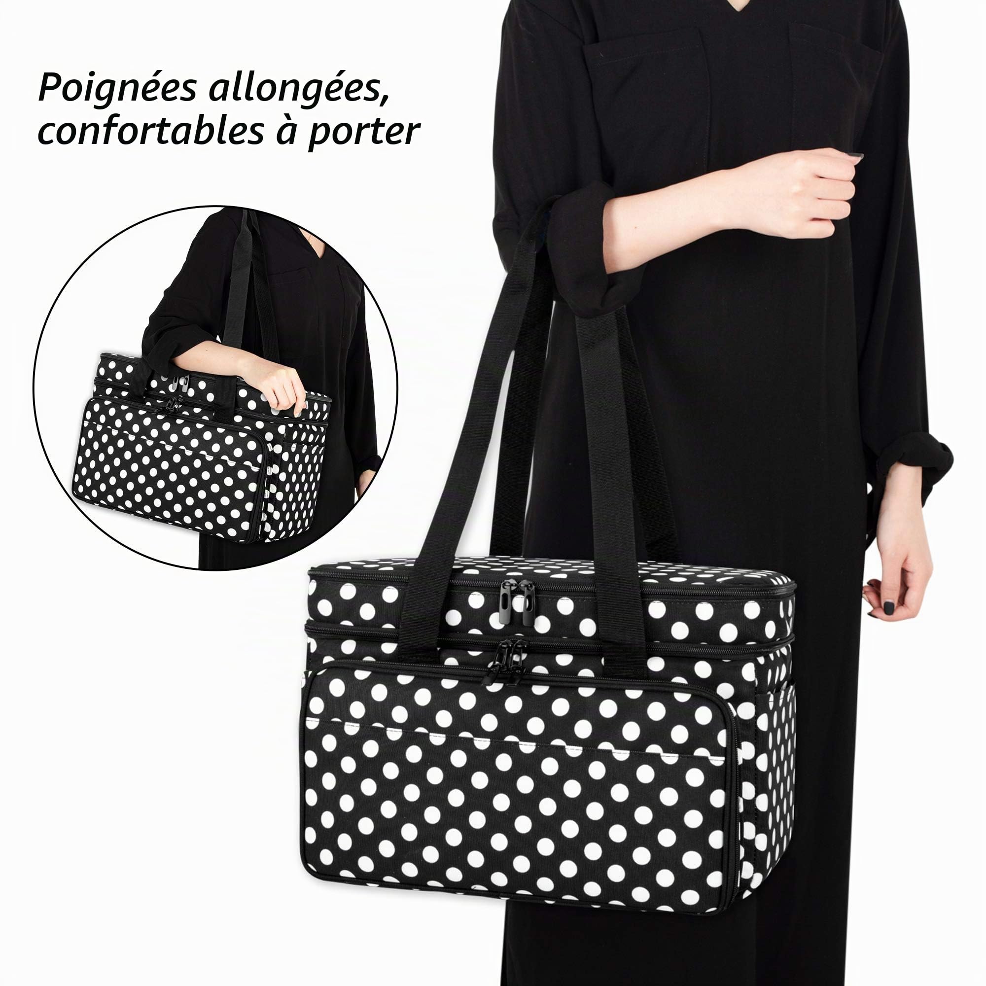 CURMIO Sac à Tricot Double Couche, Rangement pour Laine Crochets, Pois | Plusieurs Élastiques & Compartiments, 4 Œillets, Bandoulière, pour Aiguilles à Tricoter & Projets de Tricot, Sac Uniquement