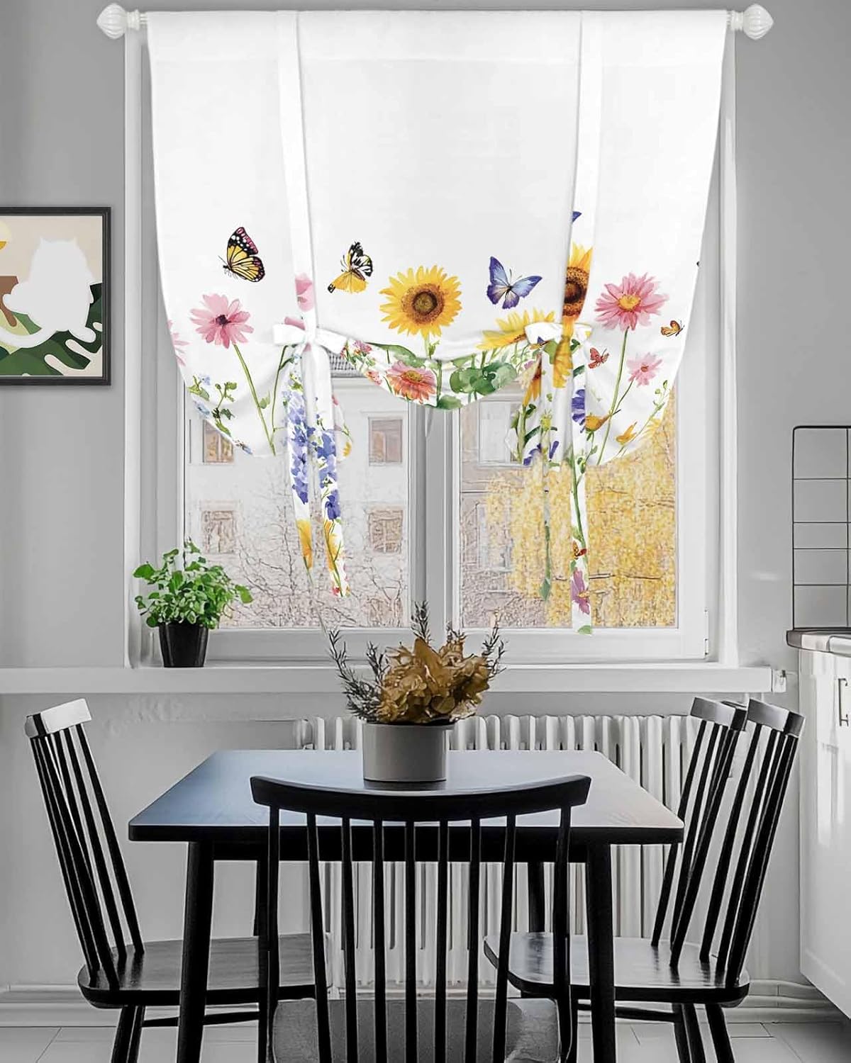 Tie Up Curtain for Windows Butterfly Bird Balloon Window Shades for Bedroom Bathroom Adjustable Rod Pocket Sunflower Daisy Flower Window Treatments Curtains Valance for Kitchen 52" W x 63" L