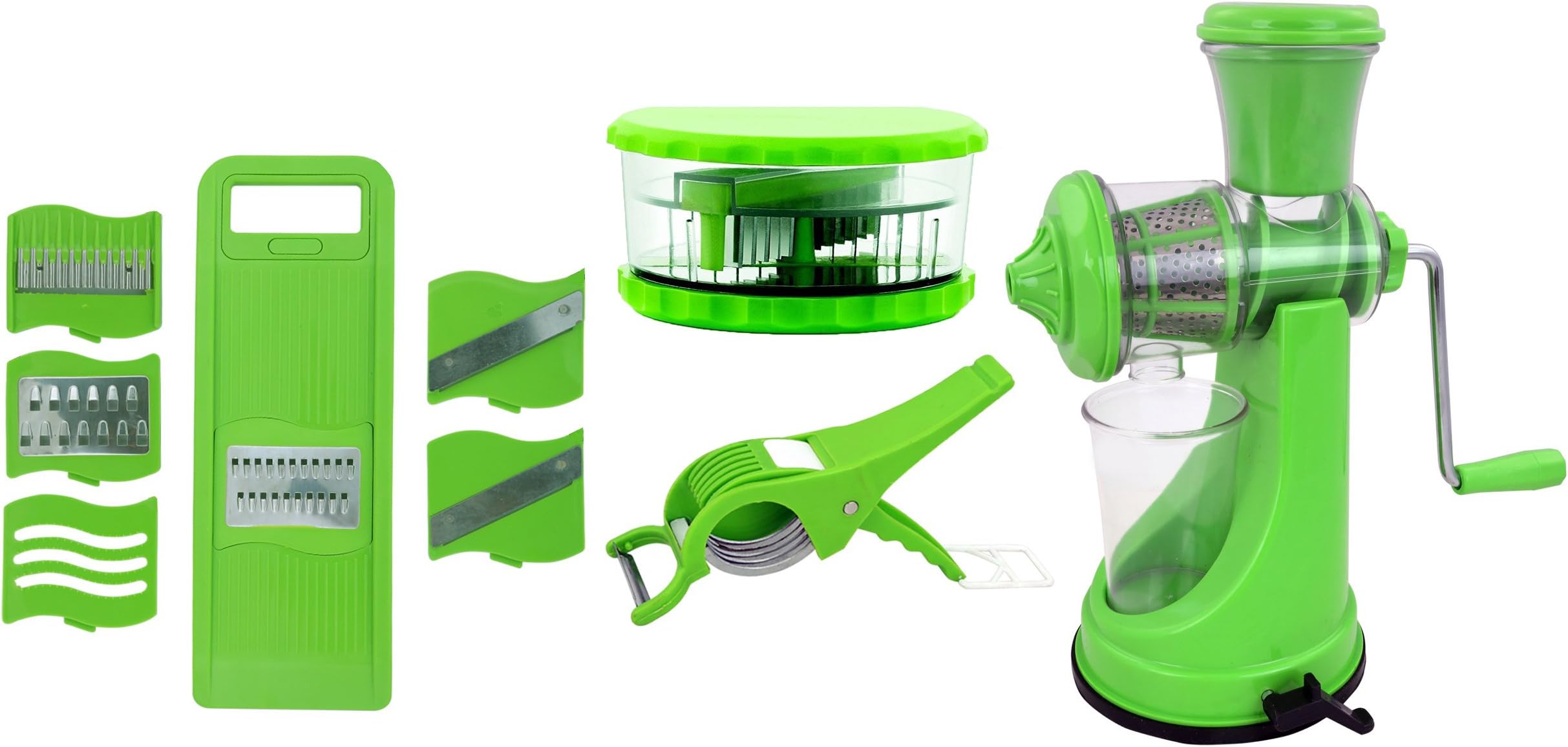 BluZon Kitchen Tools Combo of Manual Juicer, 6 in 1 Slicer, Multi Crusher and Veg Cutter with Peeler (Green)