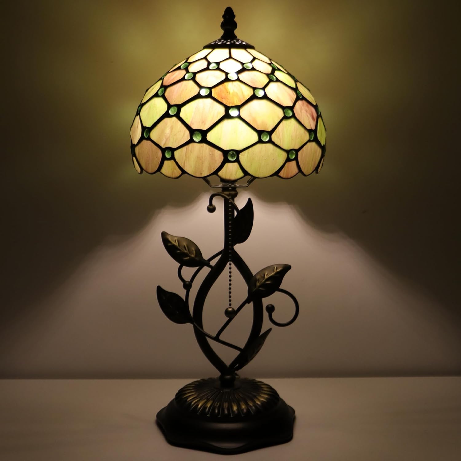 Small Tiffany Lamp Amber Green Pearl Style Stained Glass Table Lamps Desk Bedside Reading Light 8X8X18 Inches with Bronze Metal Leaf Resin Base
