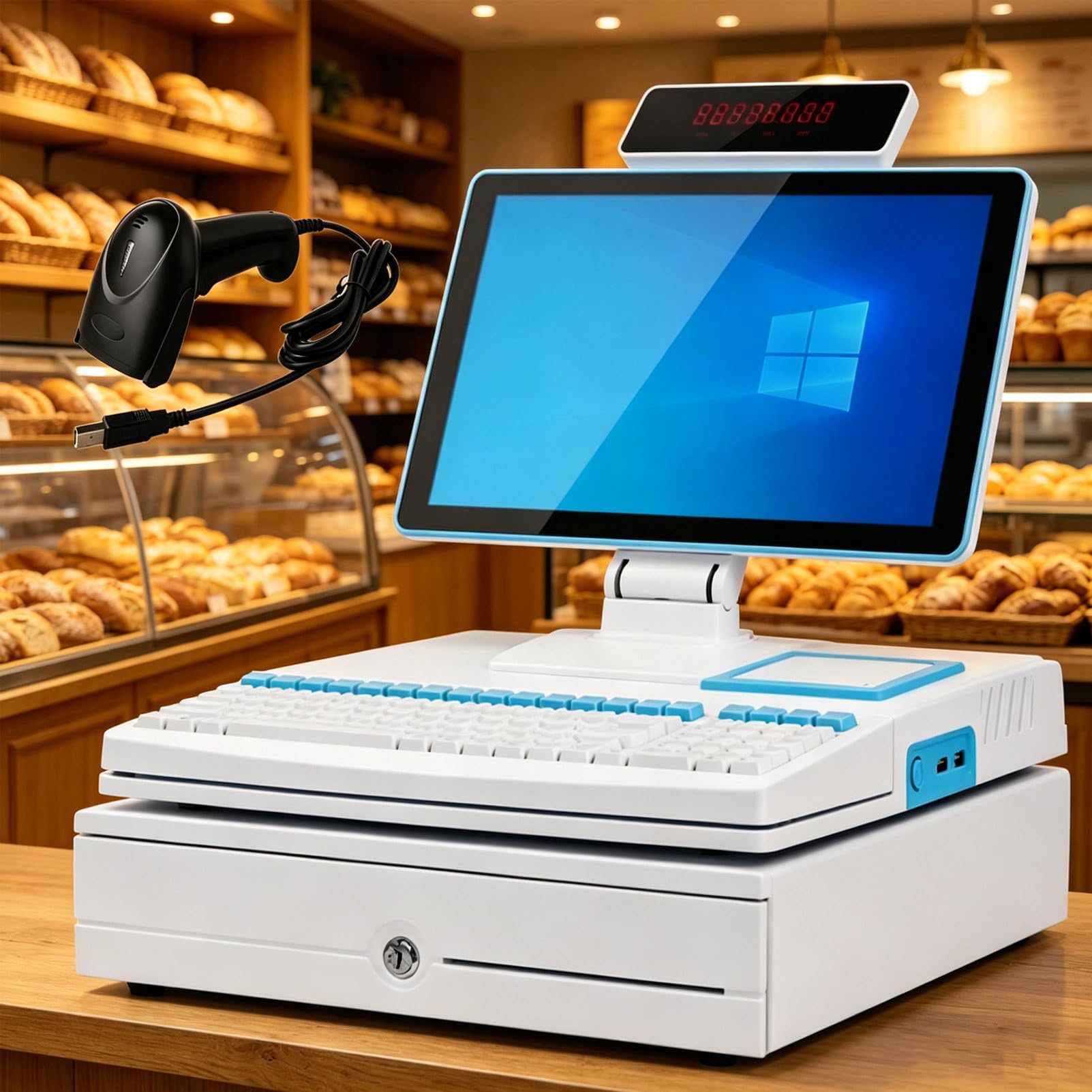 Pvxa POS System for Small Business, All-in-One Touch Screen Single/Dual Monitor Cash Register, with 15.6'' LED Touch Screen, 101 Keys Keyboard, Handheld Scanner SingleScreen-White