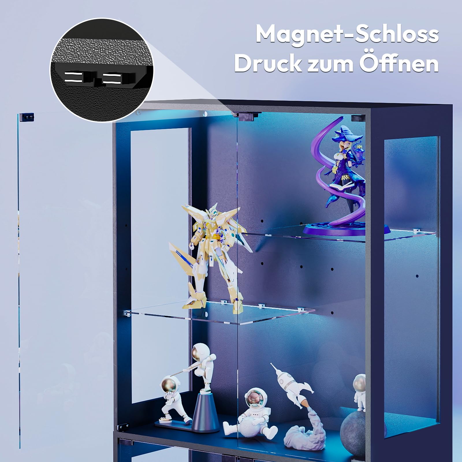 Lamtor Glasvitrinen Stehend mit LED Beleuchtung – 175 cm Glas Vitrinenschrank Wohnzimmer, Vitrine mit Verstellbares Regal, APP & Remote Control 6000+RGB (Schwarz)