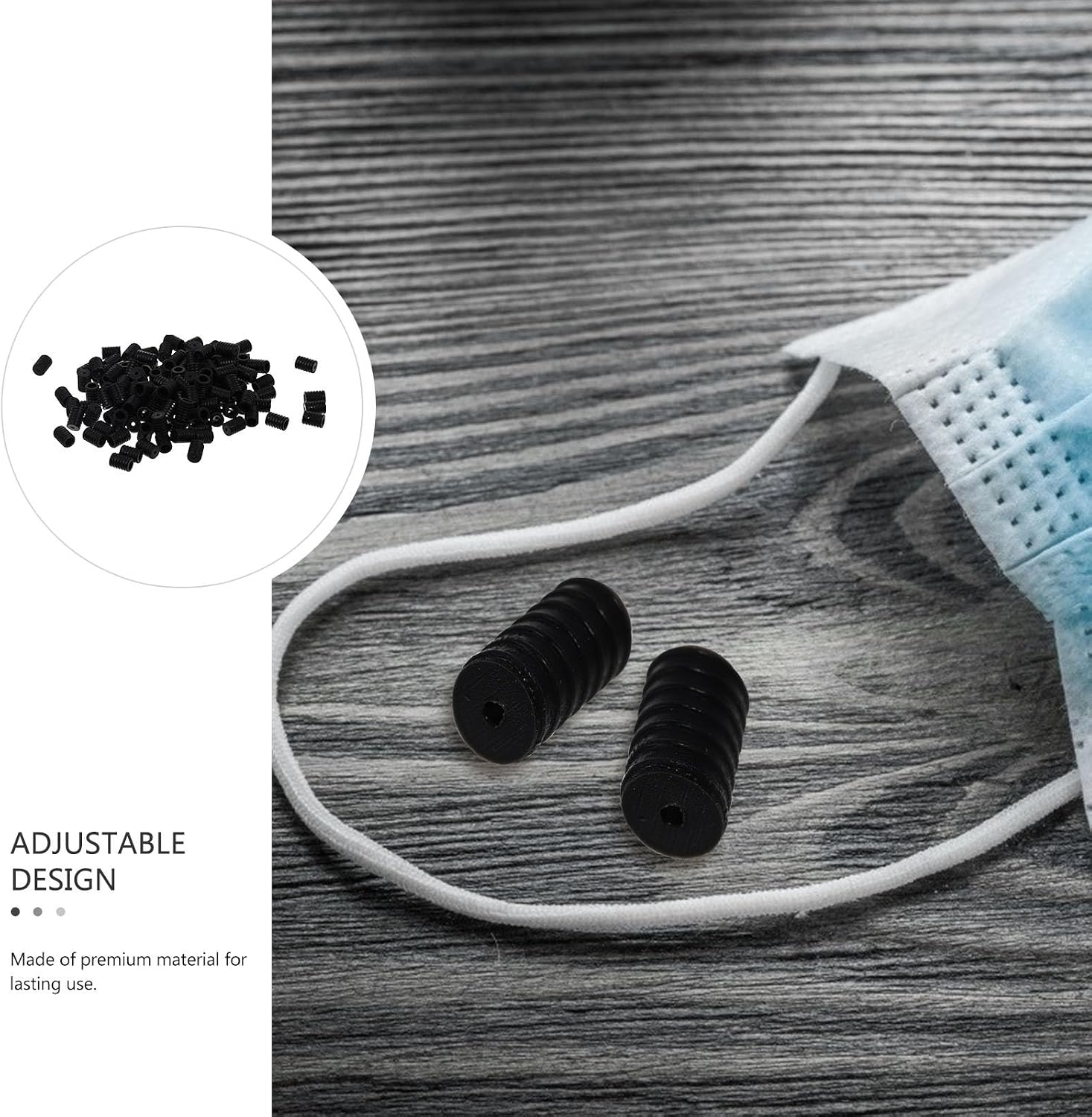 KAJNBN 200pcs Black Silicone Cord Locks Adjustable Toggles Non-Slip Stoppers for DIY Cloth Masks, Elastic Cord Adjusters for Ear Savers and Protective Use