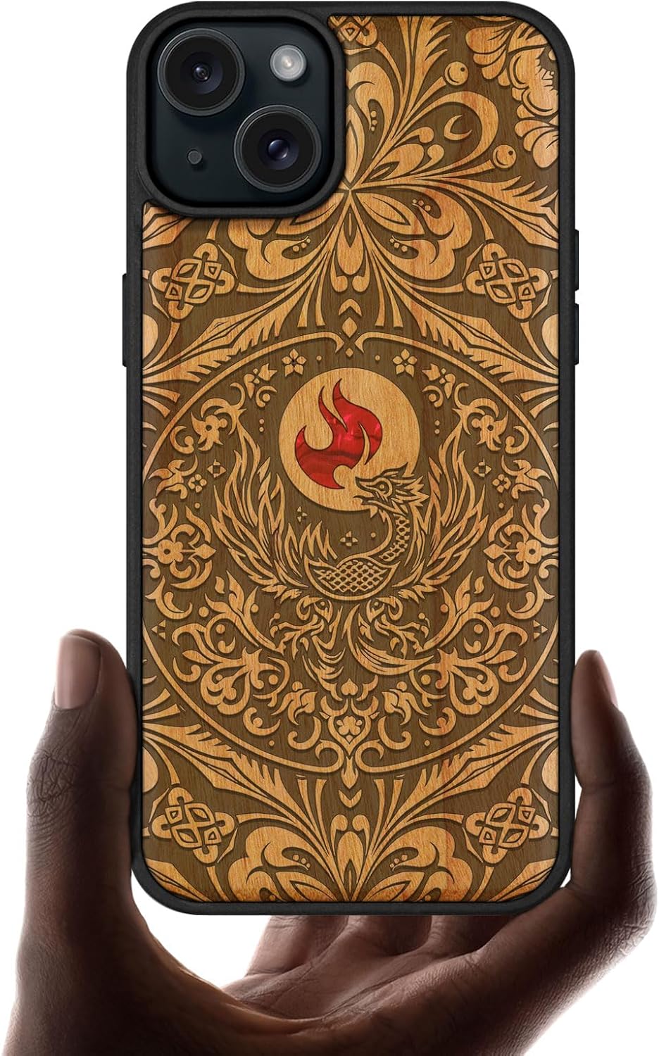 Carveit Wooden Case for iPhone 15 Plus Magnetic Case, Compatible with MagSafe Wireless Chargers, Shockproof Cover, Handmade Shell Inlaid & Wood Artisan Engraved (Phoenix in Symmetry) Cherry
