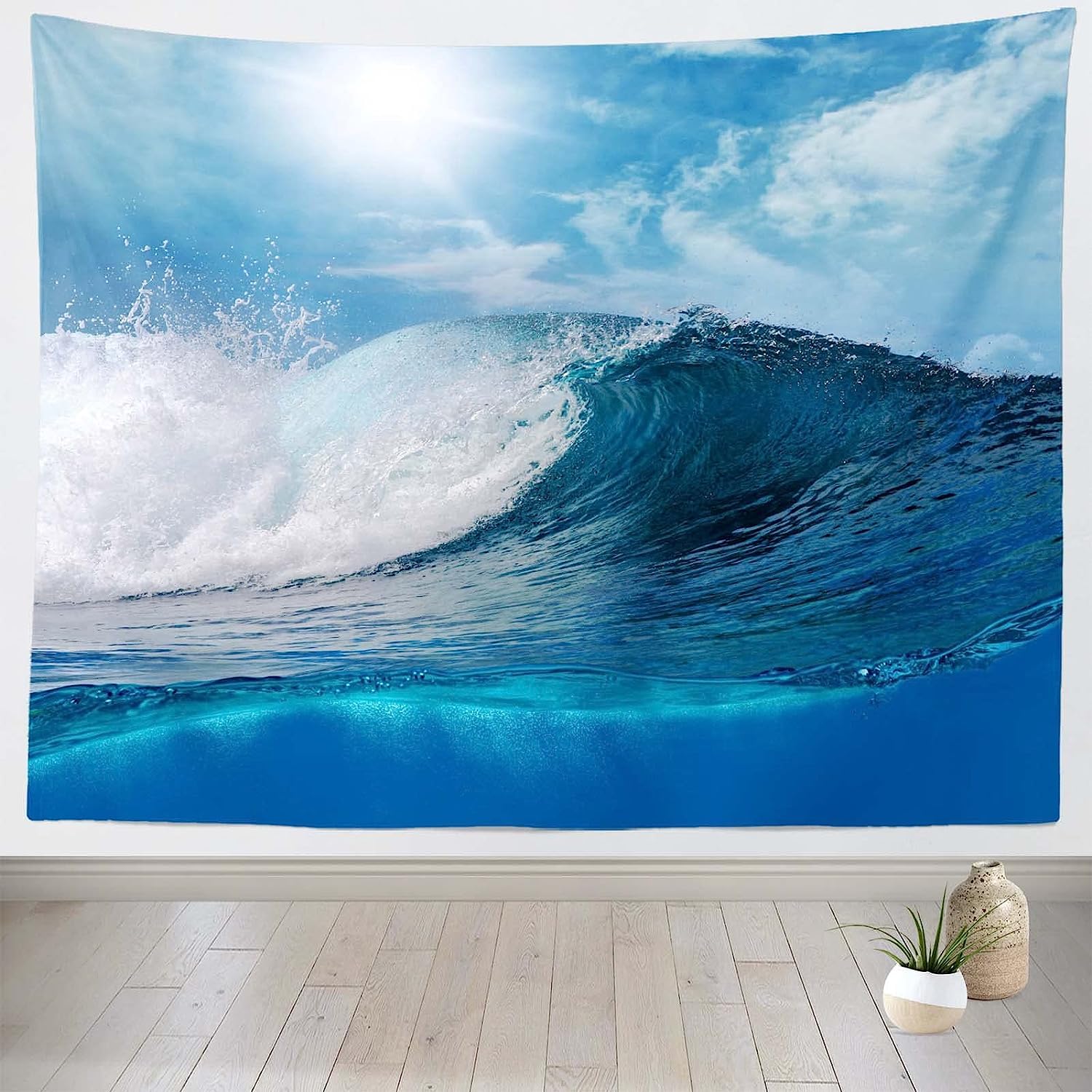 Tizhweqo 3D Waves Tapestry Wall Hanging Blue Ocean Tapestries Waves Wall Tapestry Wall Art for BedRoom Living Room Dorm Decorations 305x230 cm SK1986