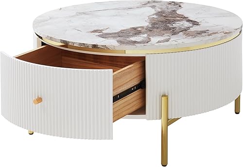 Miniatura 16 de P PURLOVE Mesa auxiliar redonda con 2 cajones de almacenamiento grandes, mesa decorativa de madera moderna con patas de metal y mesa con patrón de