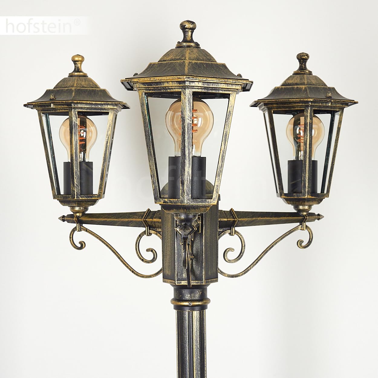 Lampa zewnętrzna Loria, oświetlenie ścieżki z metalu/szkła w kolorze złotym/brązowym/przezroczystym, kandelabr 3-punktowy antyczny wygląd, wysokość maks. 200 cm, oświetlenie ogrodowe IP44, 3 x E27,
