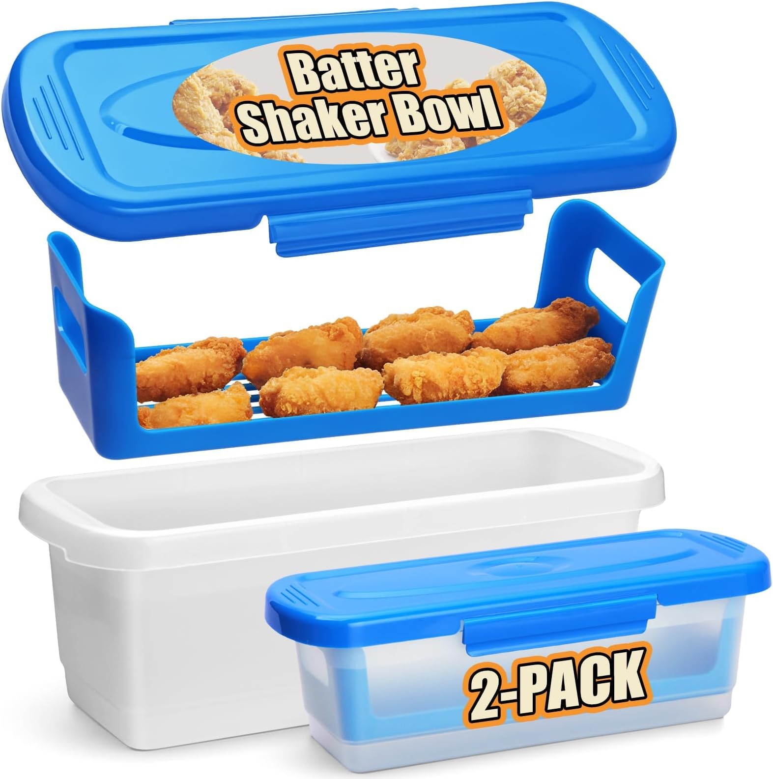 2-Pack Batter Bowl with Lid, Fish Breader Shaker Set with Breading Trays, Mess-Free Coating System for Chicken Wings Fish Vegetables, Dishwasher Safe Shaker Bowls