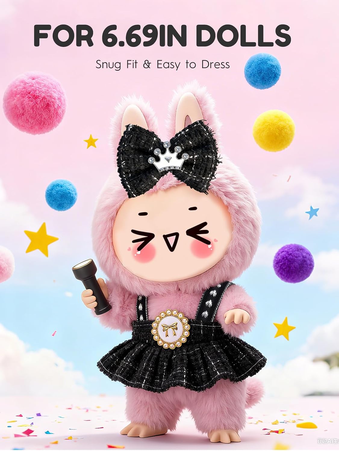 Clothes for LABUBU 6.7inch (17cm) Doll, Cute Outfit Small Dress and Hairpin, Dress Up, Accessories (No Doll) (Black) image 3