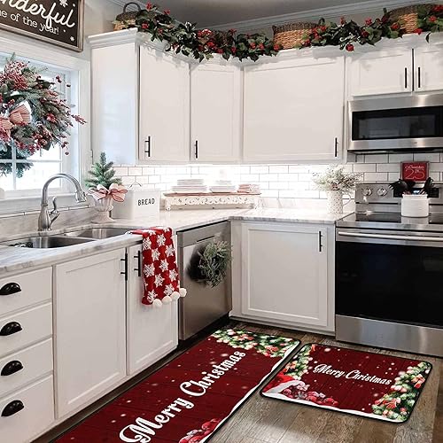 Miniatura 9 de Juego de 2 tapetes de cocina de Navidad, tapete de cocina con respaldo antideslizante, tapete de cocina decorativo lavable para decoración