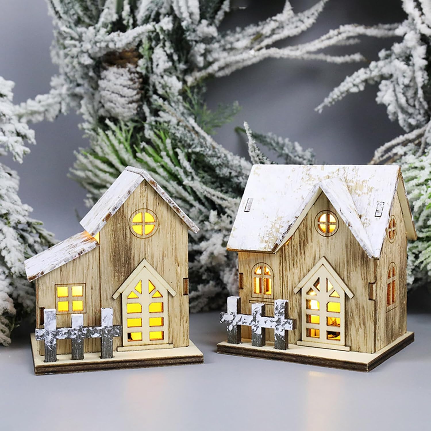Christmas House Figurine Village Wood Ornament Exquisite Design for Delightful Display LED Light Ornament Tabletop Decoration