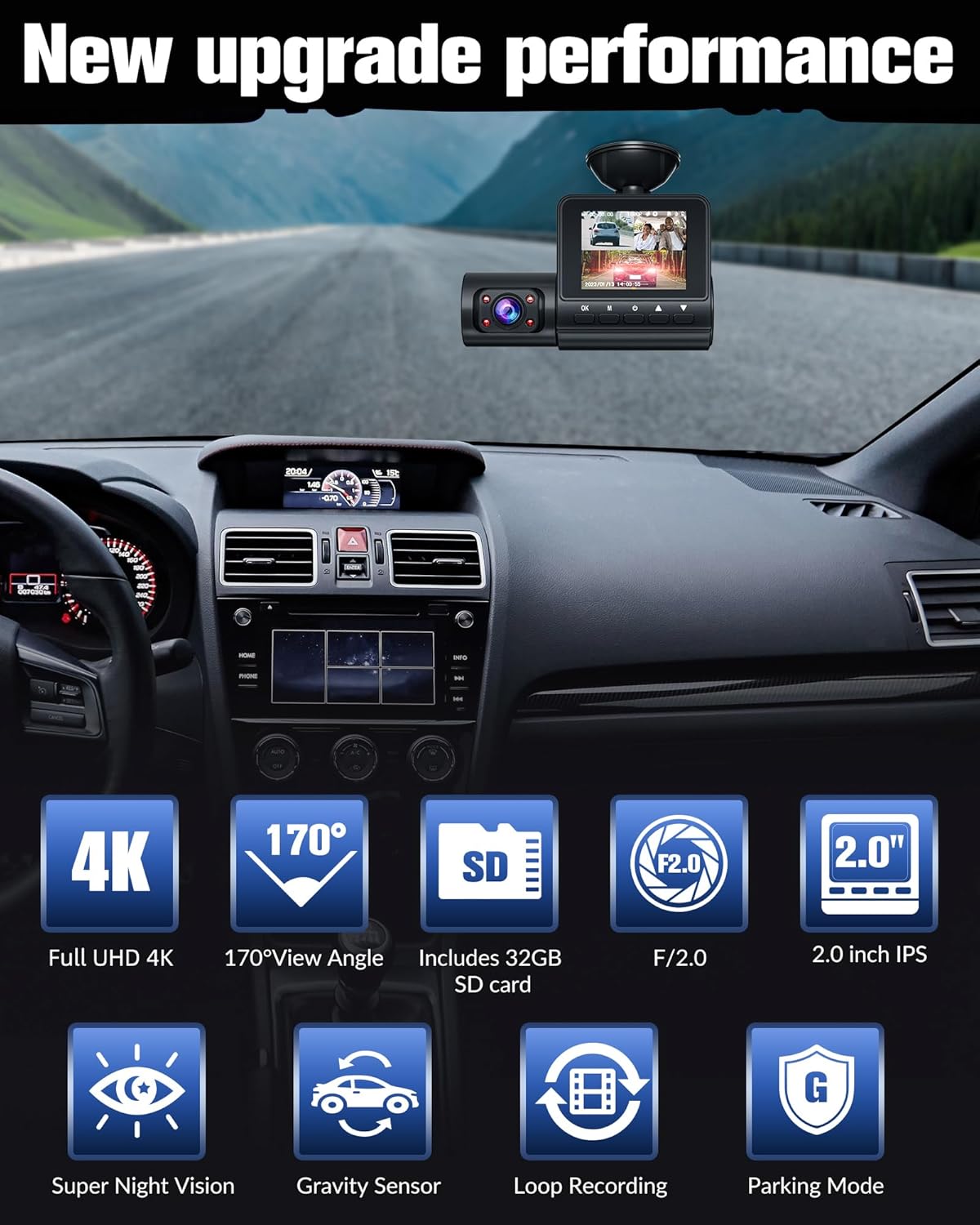 Dash cam mounted on a car windshield with icons for features