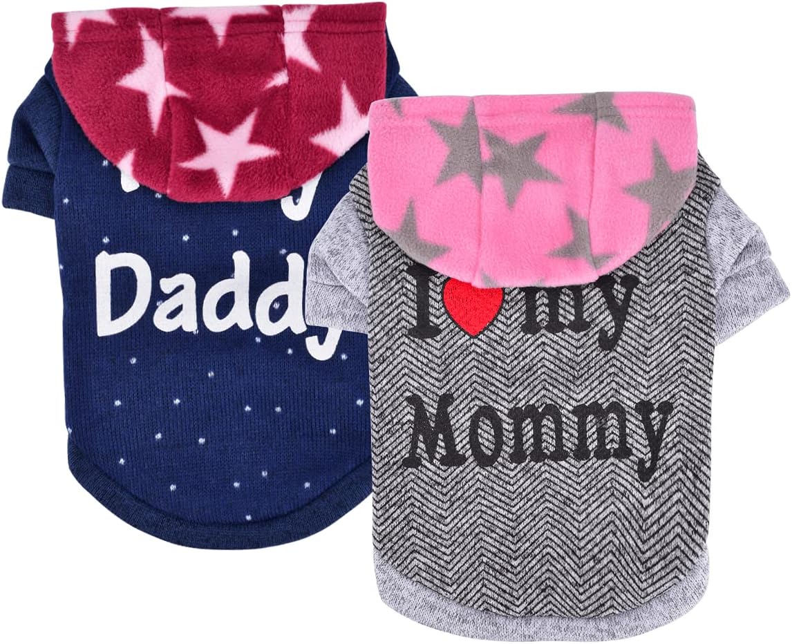 Dog Hoodie 2 Pack Dog Sweaters for Small Medium Dogs Boy Girl I Love Mommy/Daddy Pet Puppy Clothes Fall Winter Warm Doggie Sweatshirts…