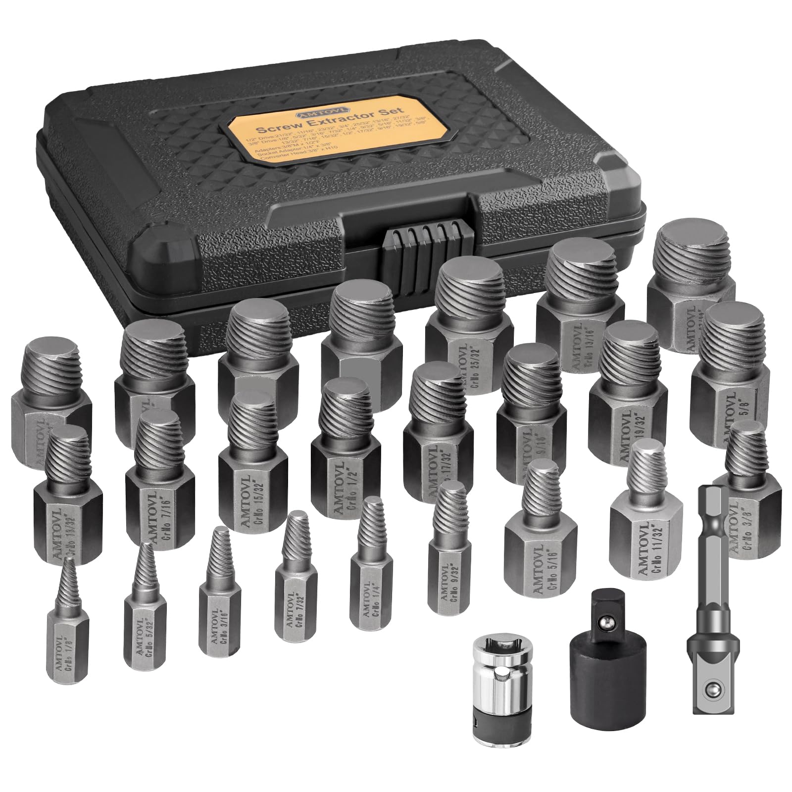 AMTOVL Set di 27 estrattori per viti, con adattatore a testa esagonale, multi-scanalatura, facile da estrarre, 1/2" 3/8", testa esagonale
