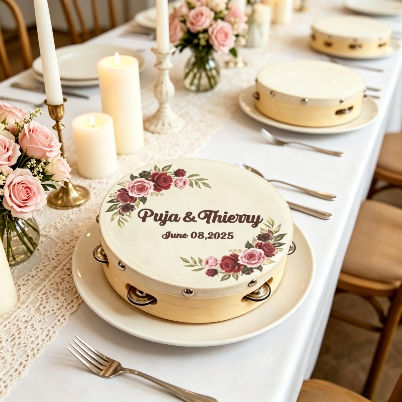 Panderetas personalizadas, mini panderetas de madera de 6 pulgadas a granel para adultos con cinta de 100 cm, panderetas de piel de oveja con nombre personalizado y fecha para iglesia, boda, fiesta