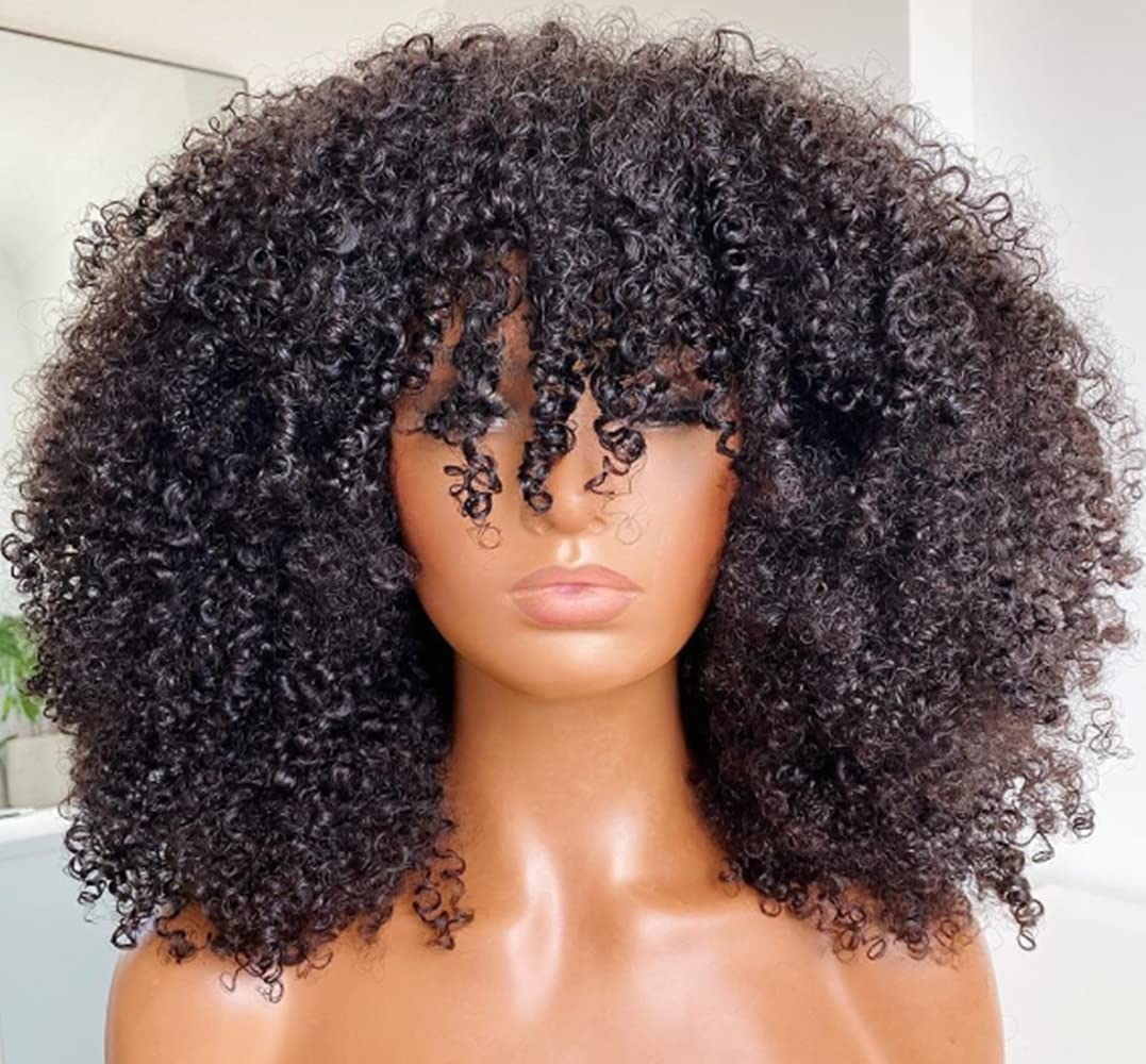 Afro Kinky Curly Wig With Bangs 200 Density Full Machine Made Human Hair Wig Scalp Top Wig Brazilian Short Curly Wigs For Black Women Natural Color 12 Inch