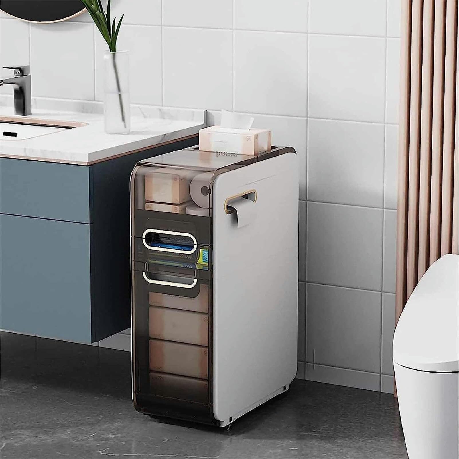 Organizador de piso para baño Delgado en Forma de Torre con cajones transparentes de Gran capacidad y portarrollos, unidad de almacenamiento Vertical para artículos esenc